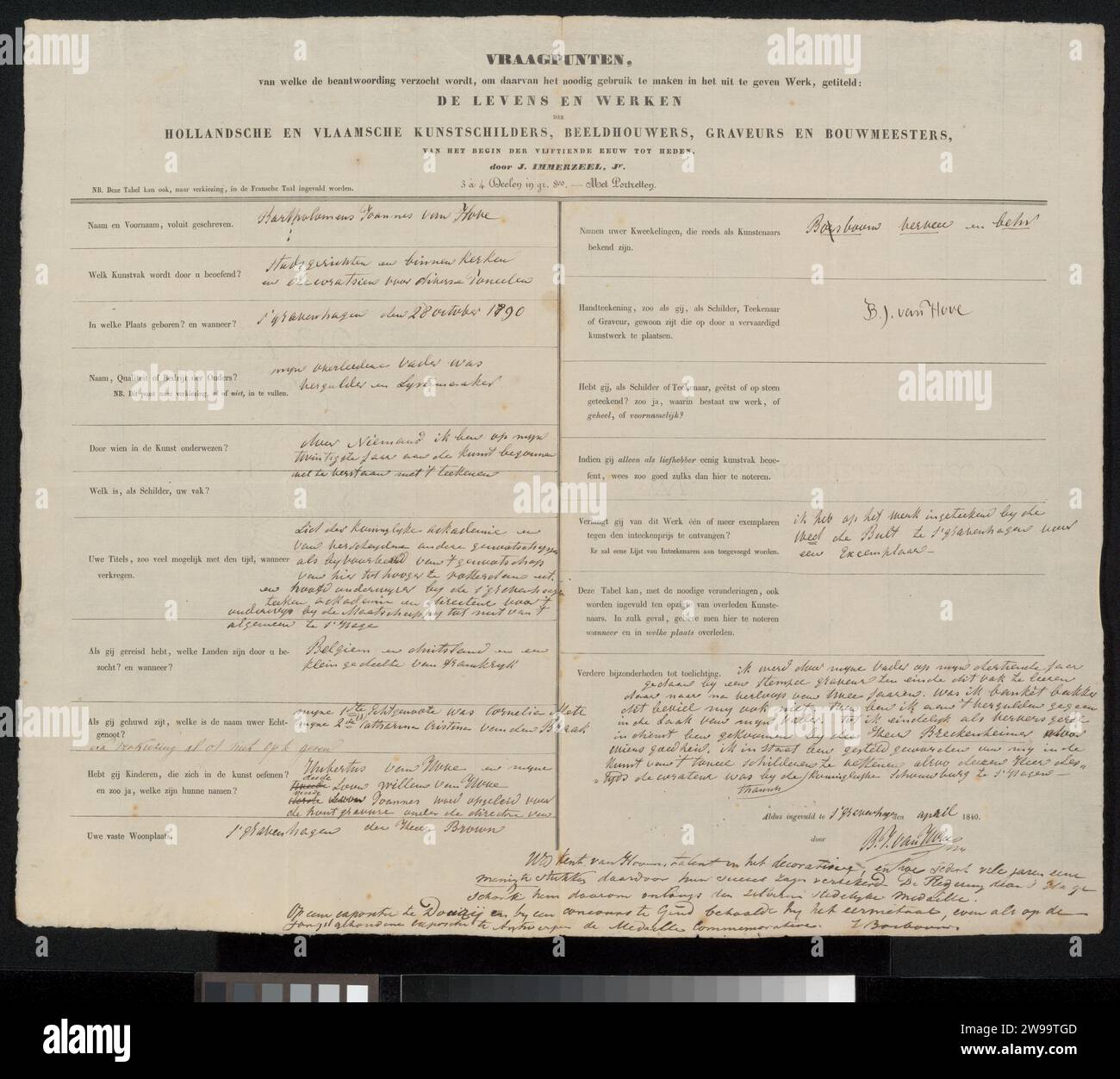 Survey form completed by Johannes van Hove, Johannes Immerzeel, 1840 ...