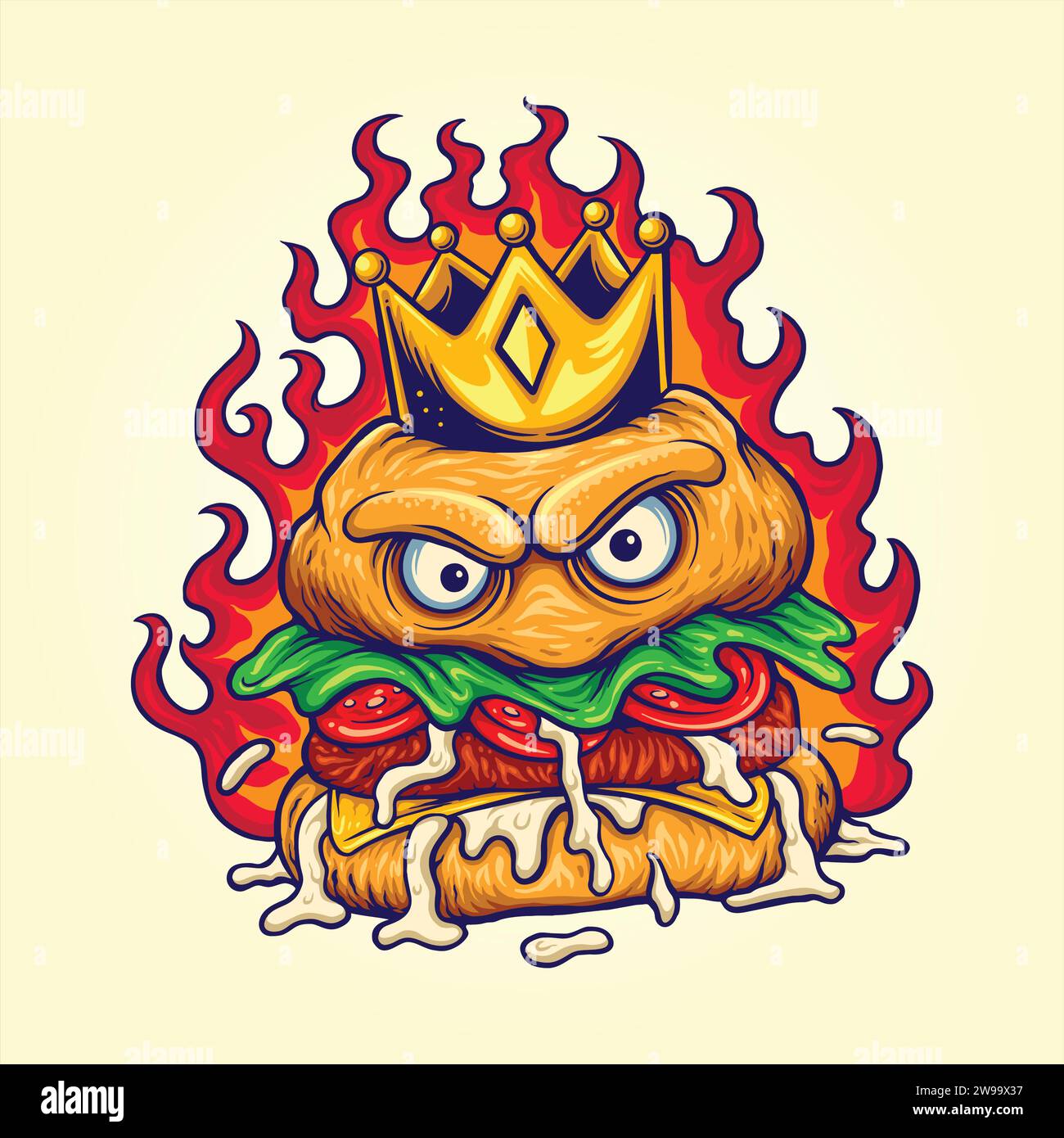 Funny angry crown spicy burger Stock Vector