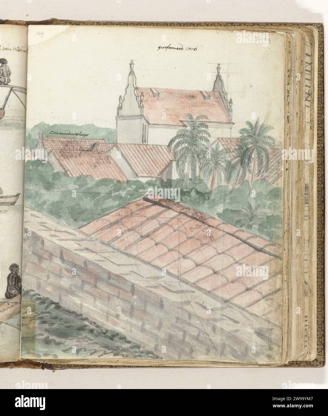 View over Galle, Jan Brandes, 1785 - 1786 drawing Color drawing over three pages of the city of Galle on Ceylon with the Commandeurshuis, the Reformed Church, the Compagnie's Pakhuis and the Adamsberg. With inscription. Part of Jan Brandes' sketchbook, dl. 2 (1808), p. 148-150, 175. (Right of p. 150 belongs in part 2, p. 175.) Galle paper. pencil. watercolor (paint) brush city-view in general; 'veduta' Galle Stock Photo