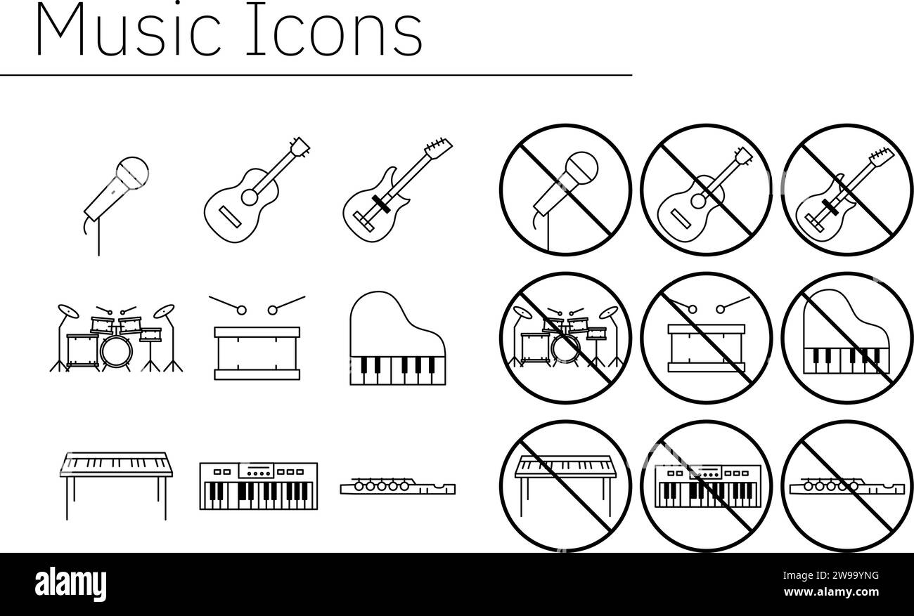 Icons for playing musical instruments and playing prohibited Translation Icons for playing