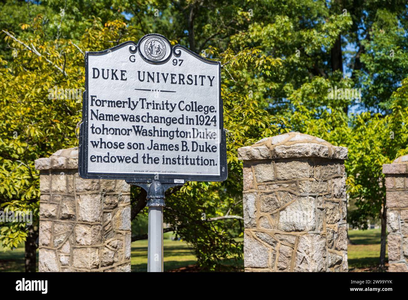 Durham, NC - September 4, 2023: Duke University sign on campus Stock Photo