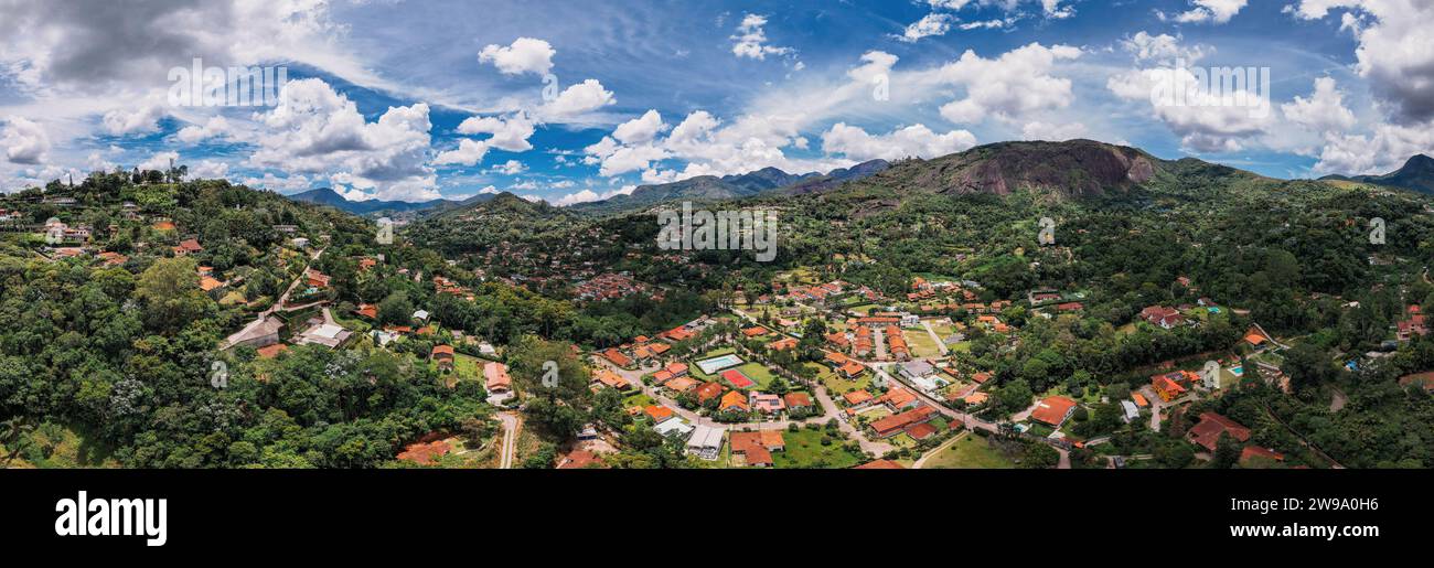 Aerial drone view of the city of Teresopolis in the mountainous region of Rio de Janeiro, Brazil. The city has a population of 184,000 Stock Photo