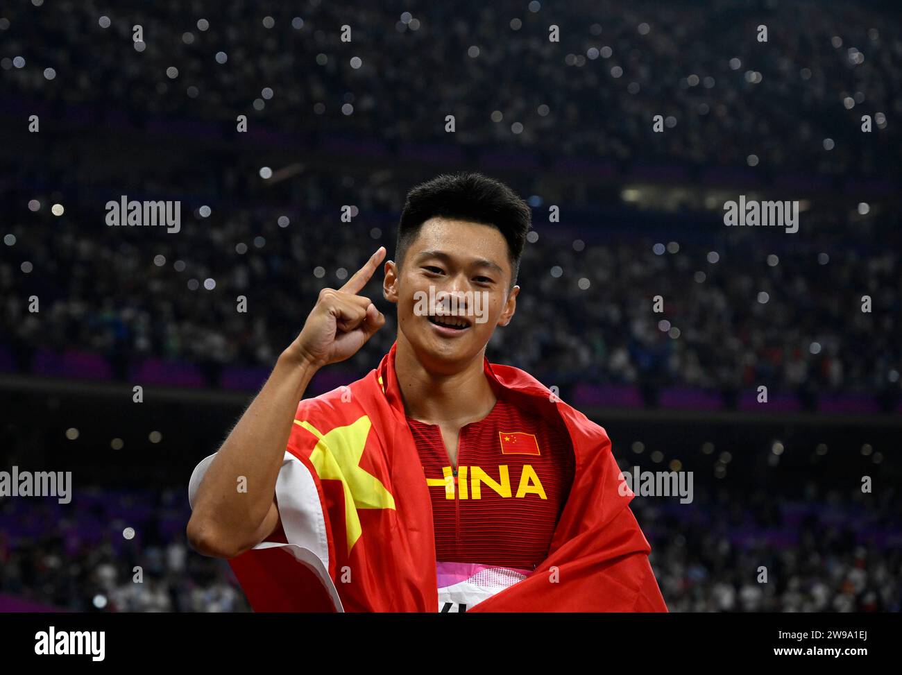 (231226) -- BEIJING, Dec. 26, 2023 (Xinhua) -- As the sporting calendar draws to a close, Xinhua News Agency has selected the top 10 Chinese athletes/teams for 2023:10. Xie Zhenye (male, athletics) Xie stormed to the men's 100m victory at the Asian Games and helped China win the men's 4x100m relay title, thus completing a golden double in Hangzhou. As a member of China's men's 4x100m relay team at the Tokyo Olympic Games, Xie received his reallocated bronze medal at the Hangzhou Asiad. This file photo taken on Sept. 30, 2023 shows Xie Zhenye of China celebrating after winning the Men's 100m F Stock Photo