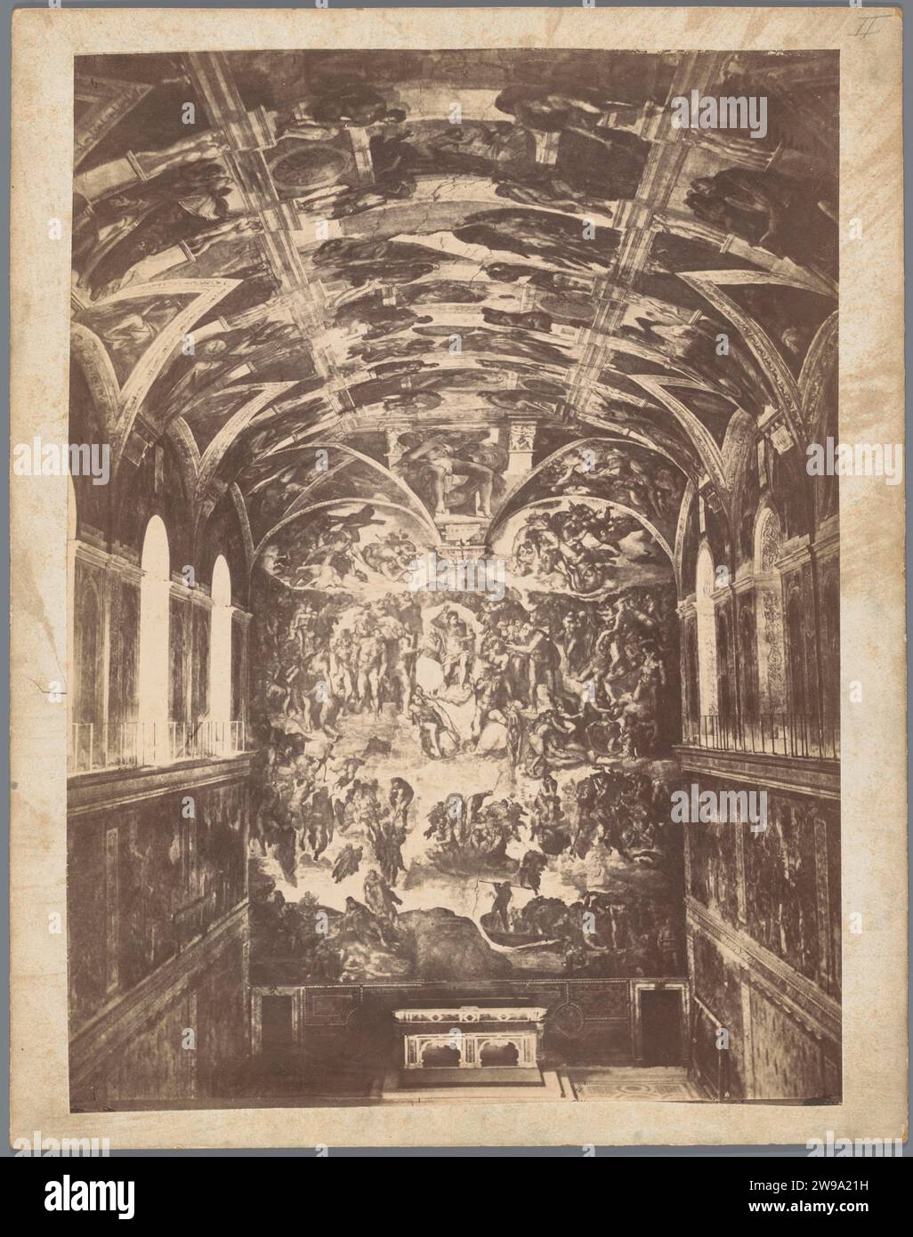 Interior of the Sixtine Chapel in Vatican City with a view of the frescoes by Michelangelo, representing the Last Judgment, c. 1875 - c. 1900 photograph  Sixtine Chapel (Vatican) cardboard. photographic support albumen print Last Judgement. painting (including book-illumination, miniature-painting). (decorated) ceiling. parts of church interior: chapel Sixtine Chapel (Vatican) Stock Photo