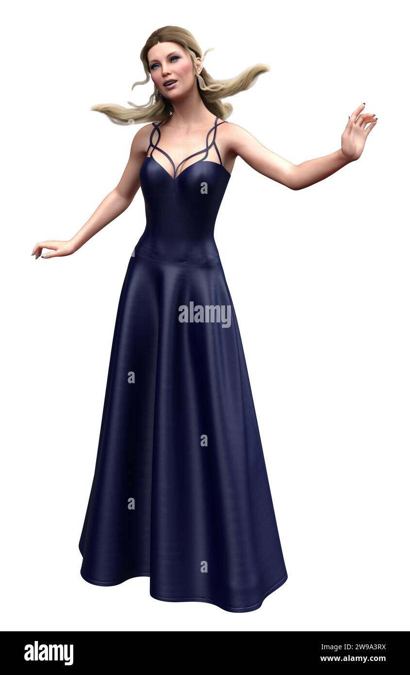 Young woman with blond hair wears a dark blue evening dress, 3D Illustration. Stock Photo