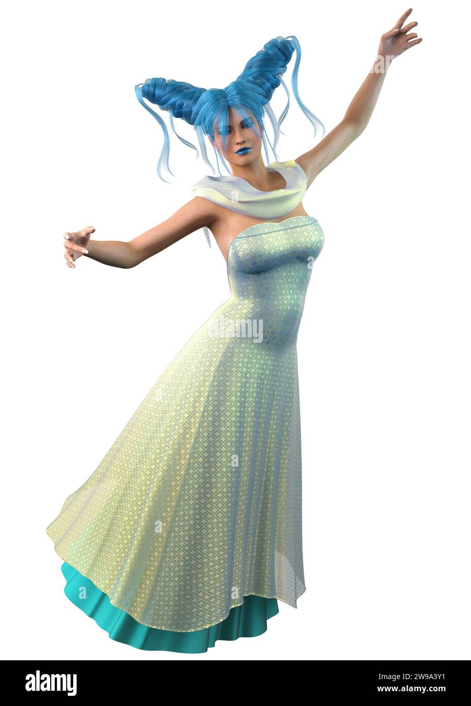 Fantasy mage, wizard woman with blue hair wears shining blue gown, 3D Illustration. Stock Photo