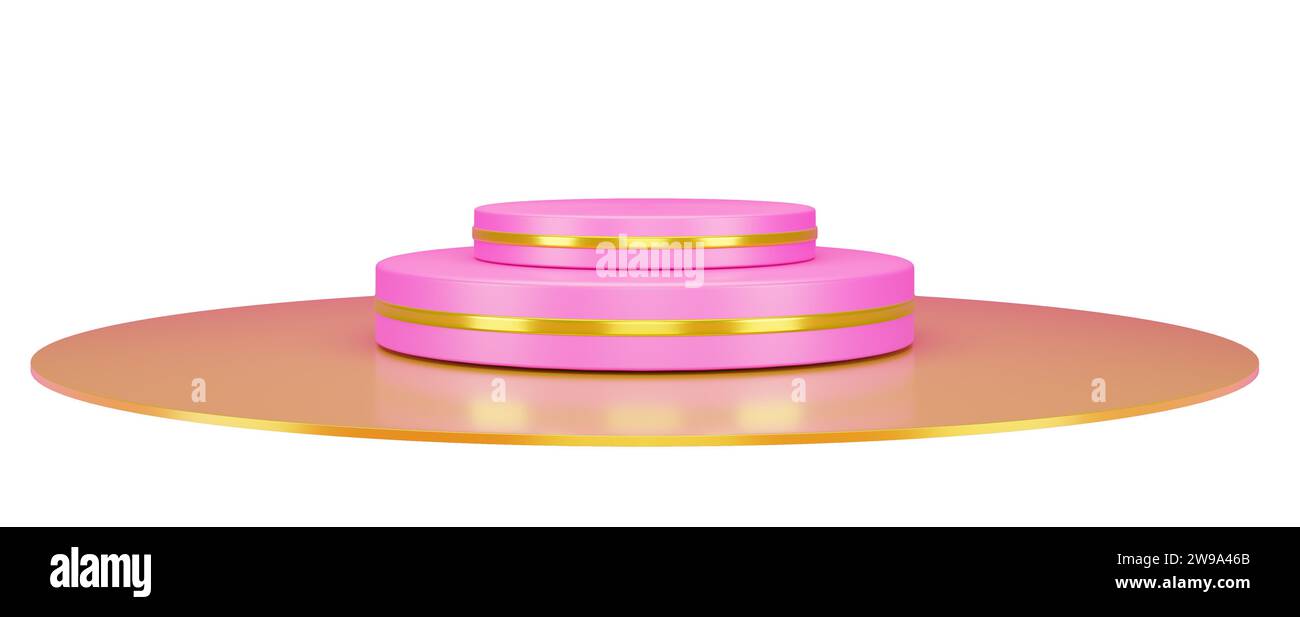 Realistic 3D hot pink and gold pedestal. Empty podium display for cosmetic product, fashion magazine. 3D Illustration. Stock Photo