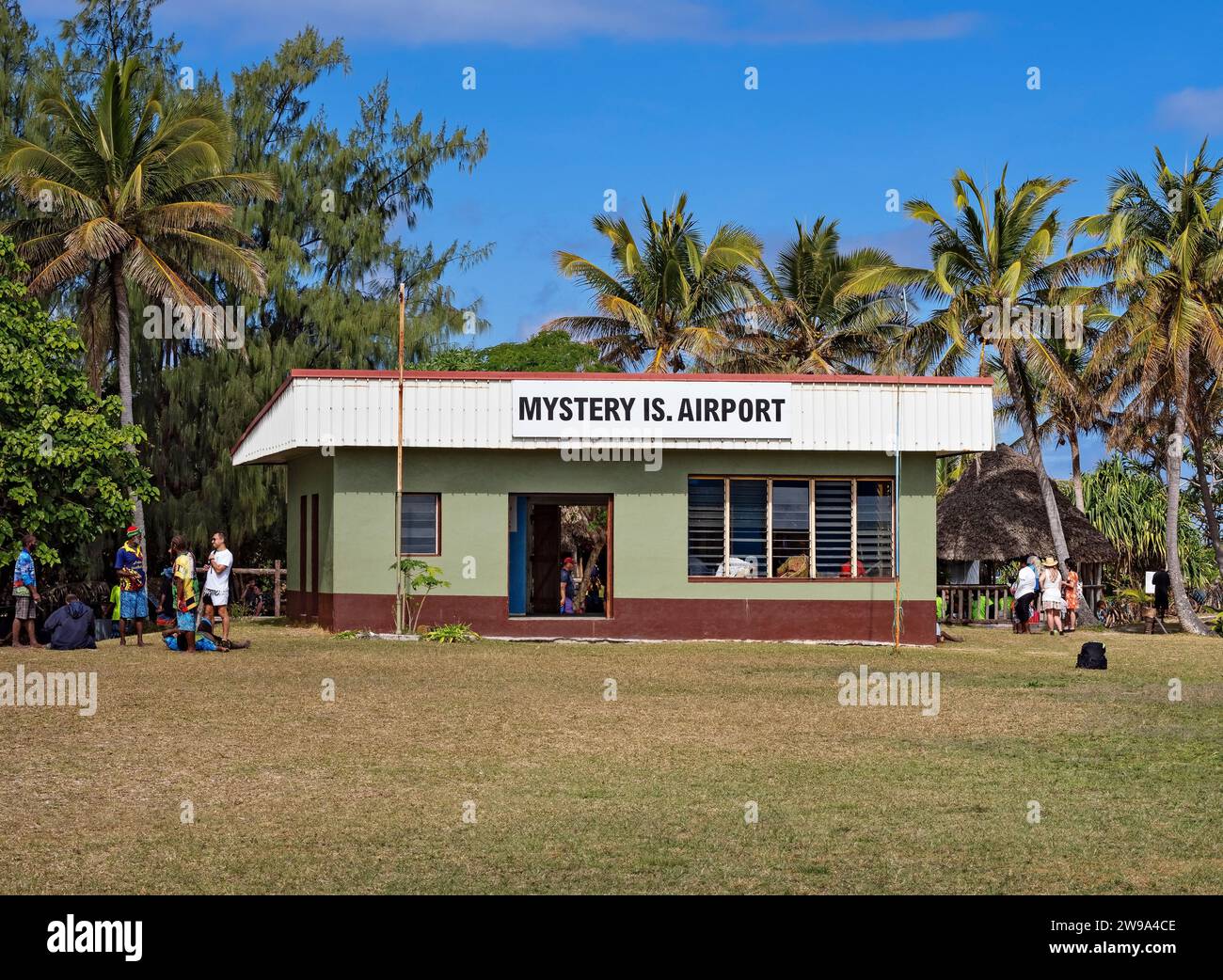 South Pacific Cruise /  Cruise ship passengers  from Carnival Splendor visit the airport building on Mystery Island.After departing from Sydney Austra Stock Photo