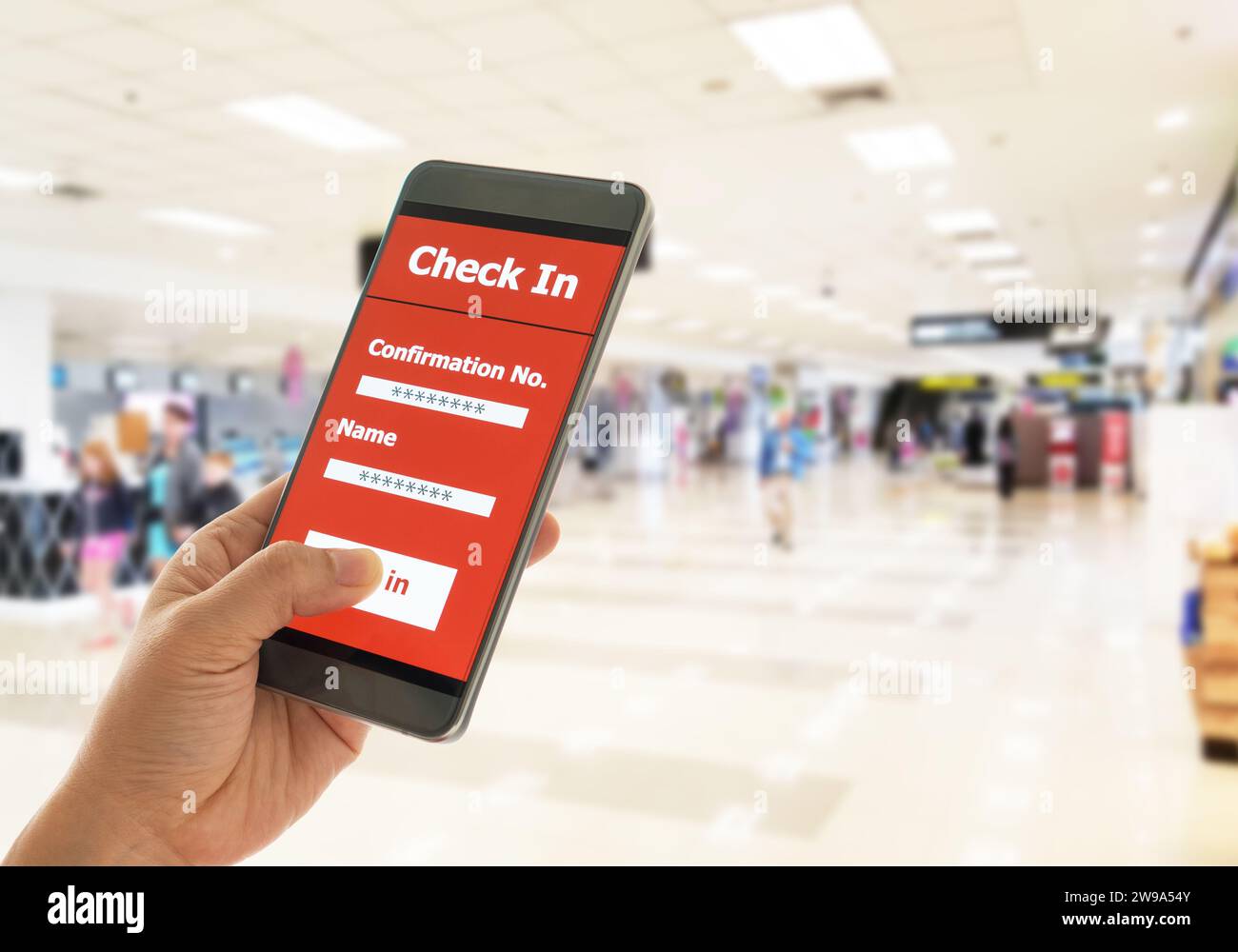 Using mobile smart phone Check In Airport Flight. Traveling Concept ...