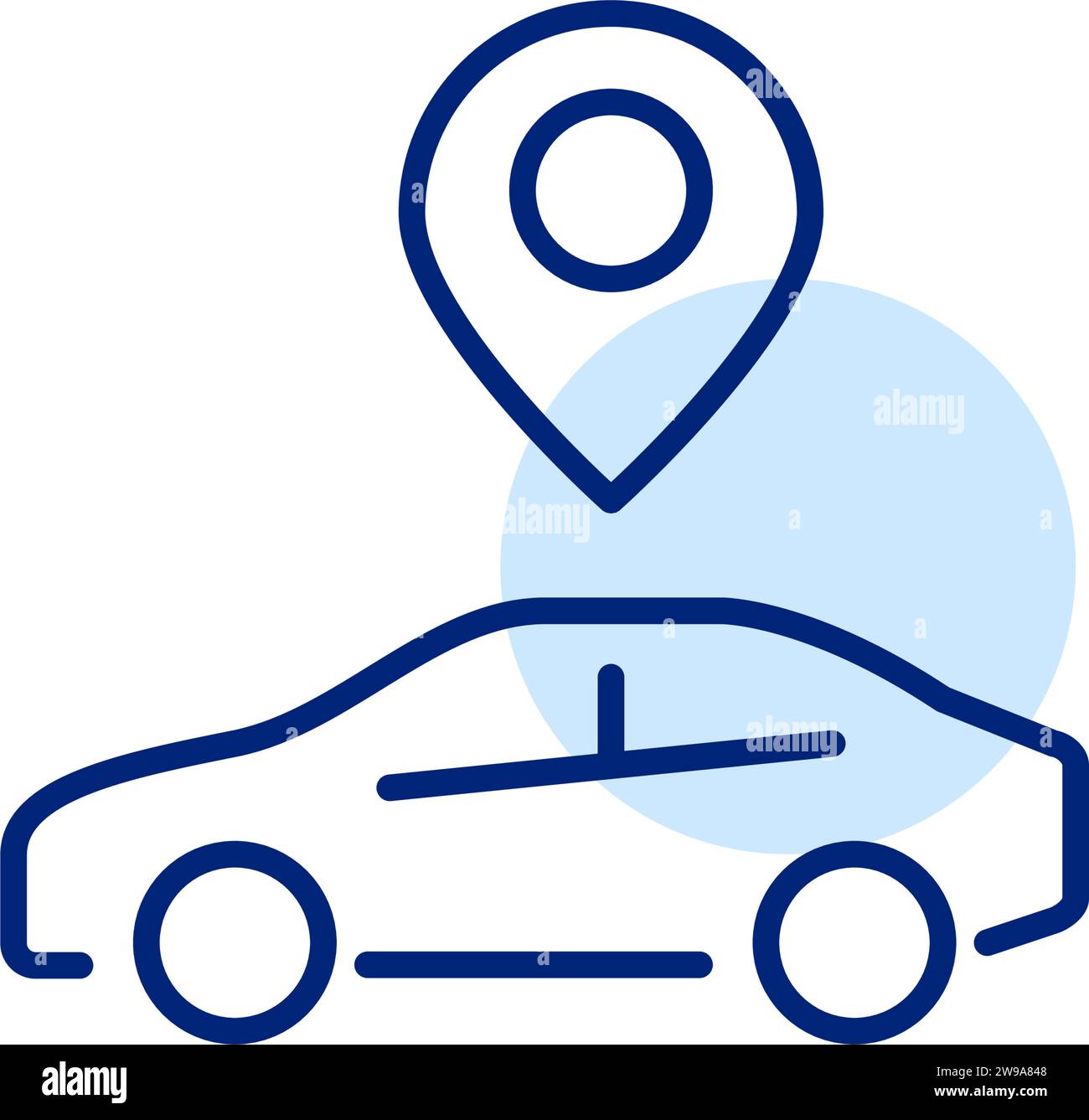 Car with map pointer over it. Car sharing, rent and taxi location