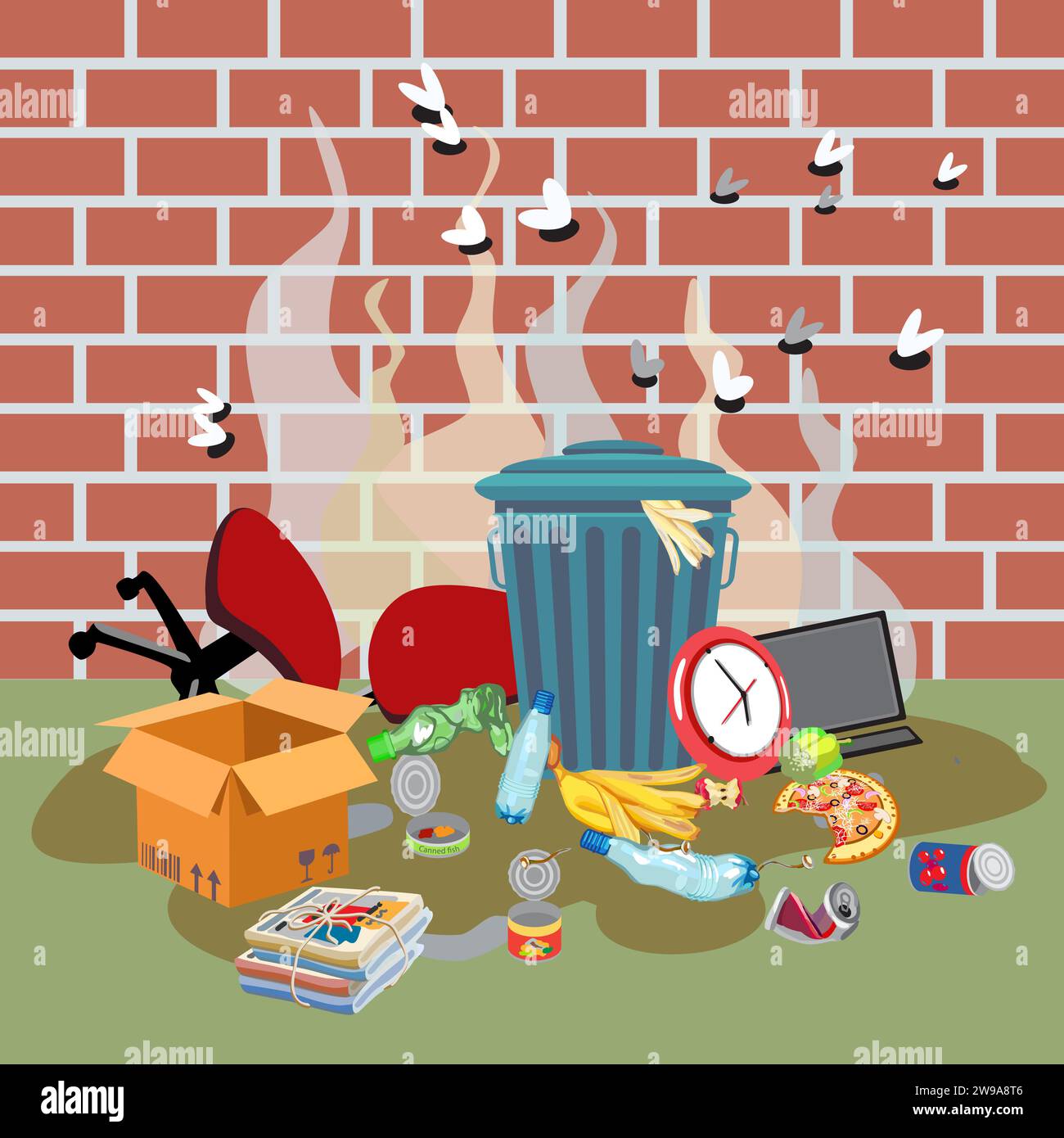 Garbage bin with unsorted waste next to a brick wall. Dirty puddle on the grass with organic and industrial waste. Vector illustration Stock Vector