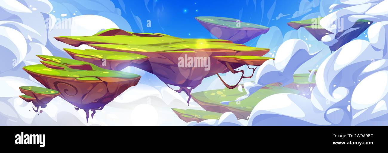 Ground islands with green grass floating in sky among fluffy clouds ...
