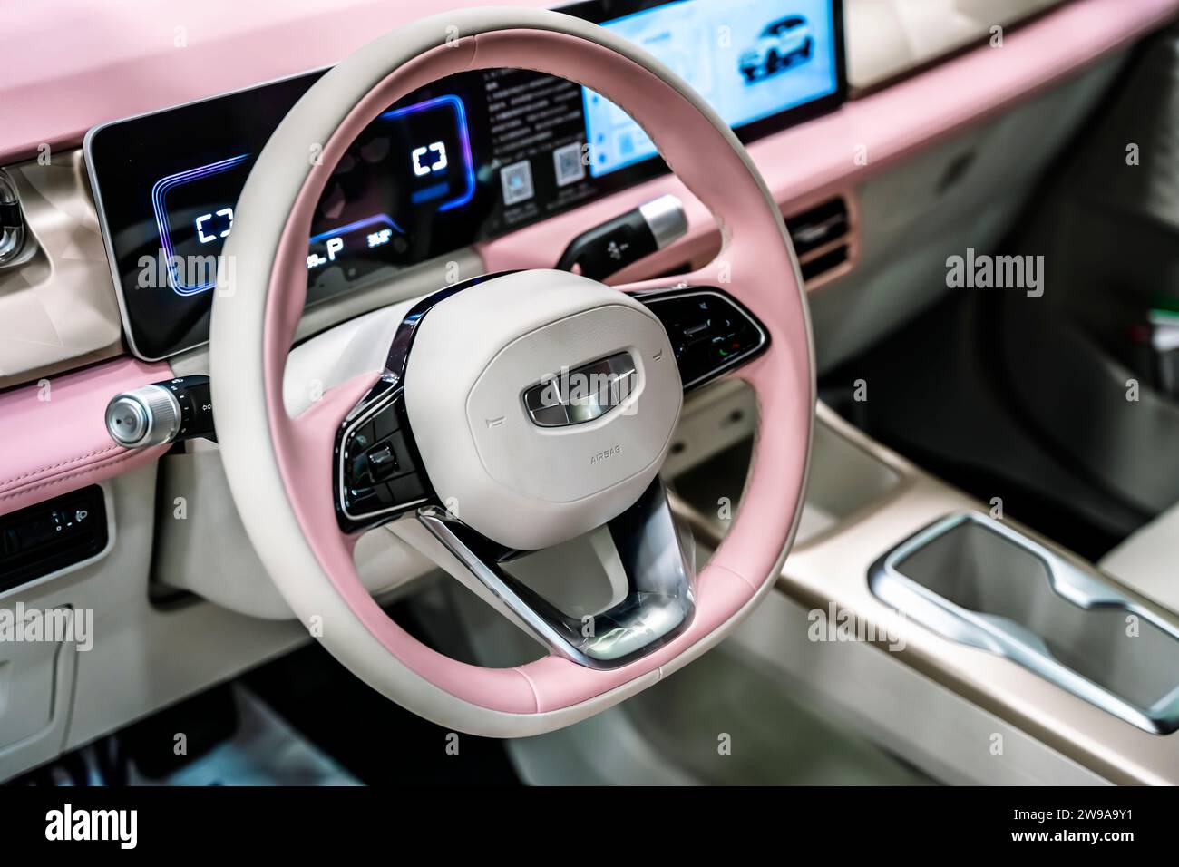 Shanghai, China - December 25, 2023: Geely motors electro car. Vehicle interior Geely geometry e. High quality photo Stock Photo