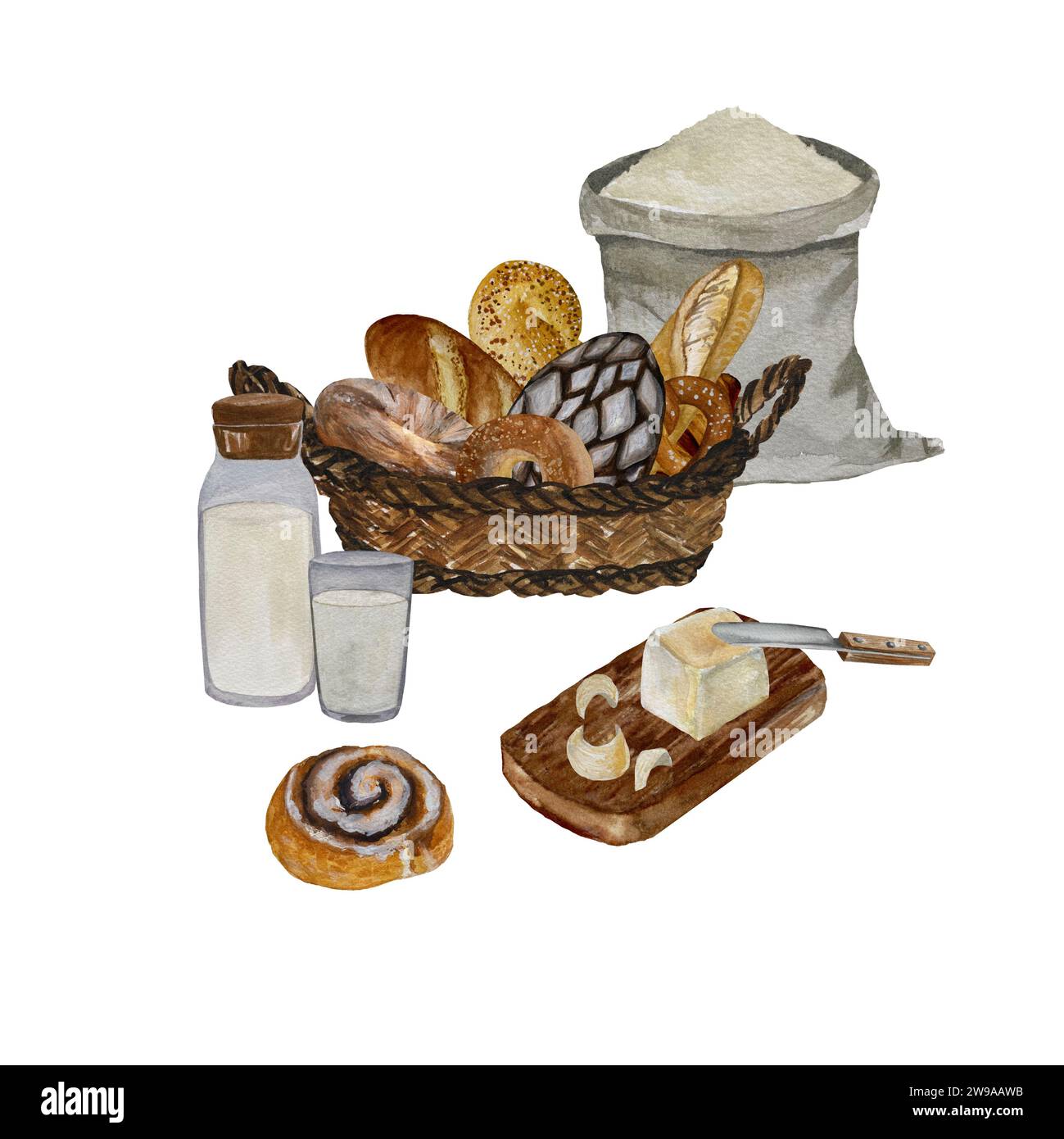 Basket bread milk butter flour watercolor sketch Stock Photo - Alamy