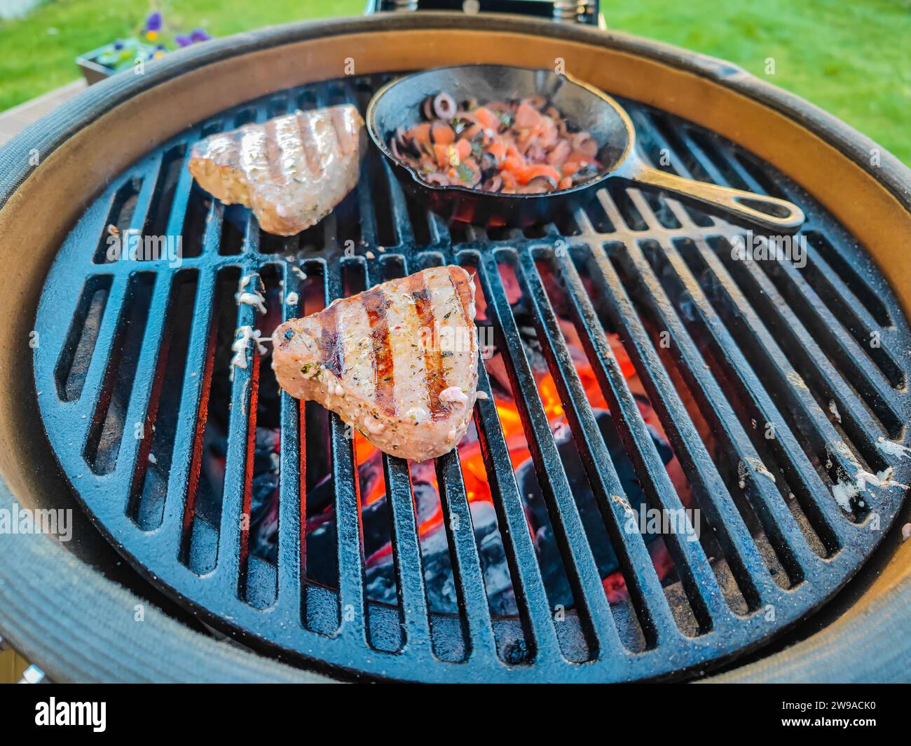 A kamado egg type barbeque grill standing on a living house terrace with roasted tuna steaks and