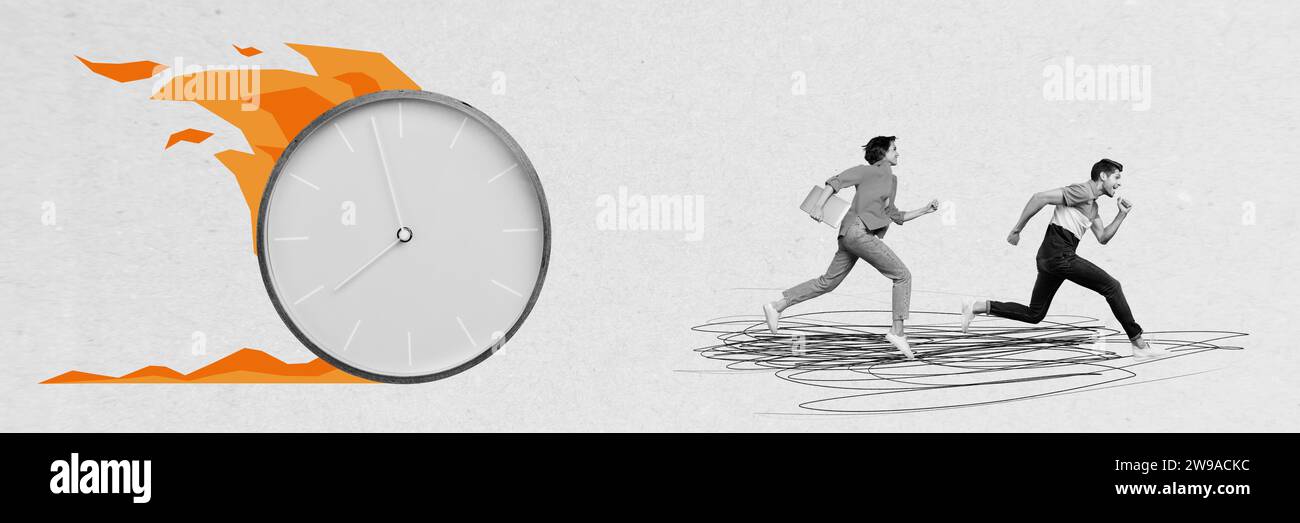 Time Overload Horizontal photo collage of scared businesspeople colleagues run fast ...