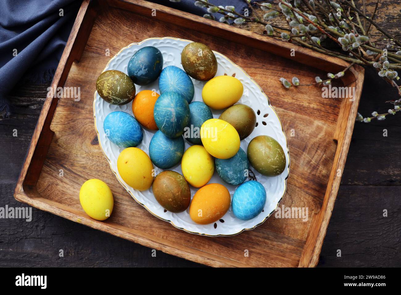 Stylish Easter table setting. Natural egg , modern plate. Easter table decoration ,. Stock Photo