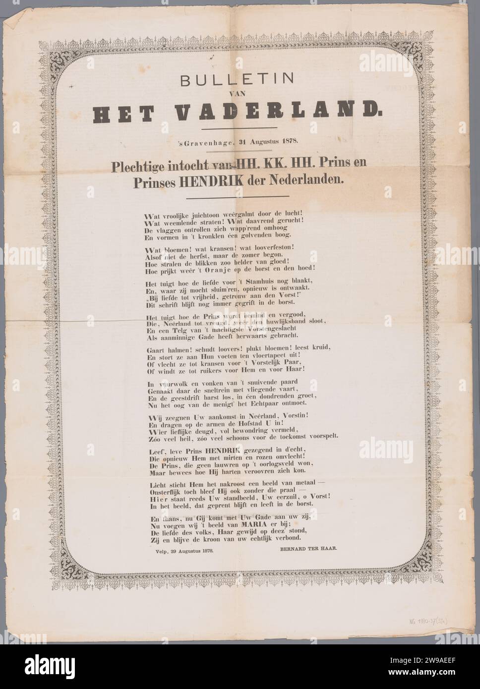 Bulletin van het Vaderland, Het Vaderland, 1878  Newspaper joint printed on both sides (1 leaf) front poem, 10 stanzas of 4 lines each in a decorated frame, back report of the entry of Prince Hendrik and his wife. The Hague paper printing  Netherlands Stock Photo