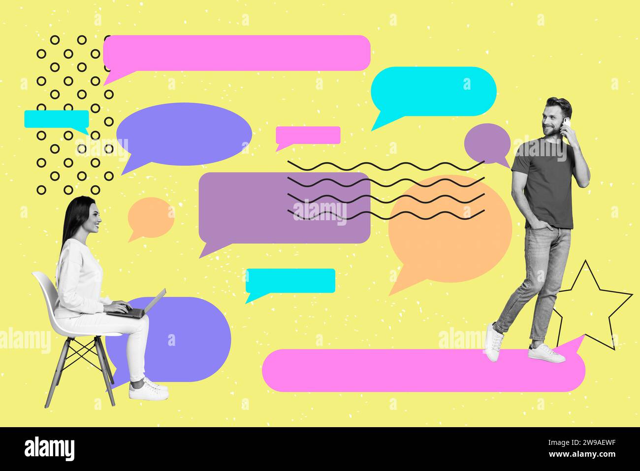 Bright poster picture collage of two people lady guy using different