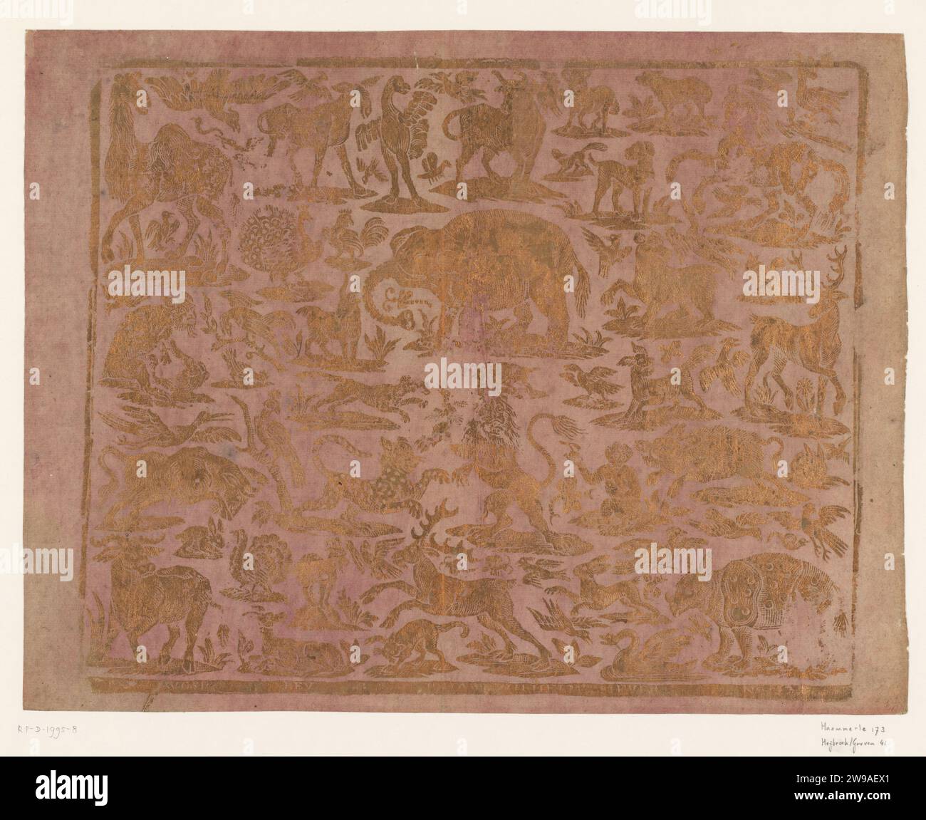 Sheet with animals, 1740 - 1780 brocade paper Sheet with animals; At the top left of dromedaris, top right horse, bottom left beef, bottom right rhino. Numbered at the bottom: 23. Augsburg paper. paint (coating) relief printing animals Stock Photo