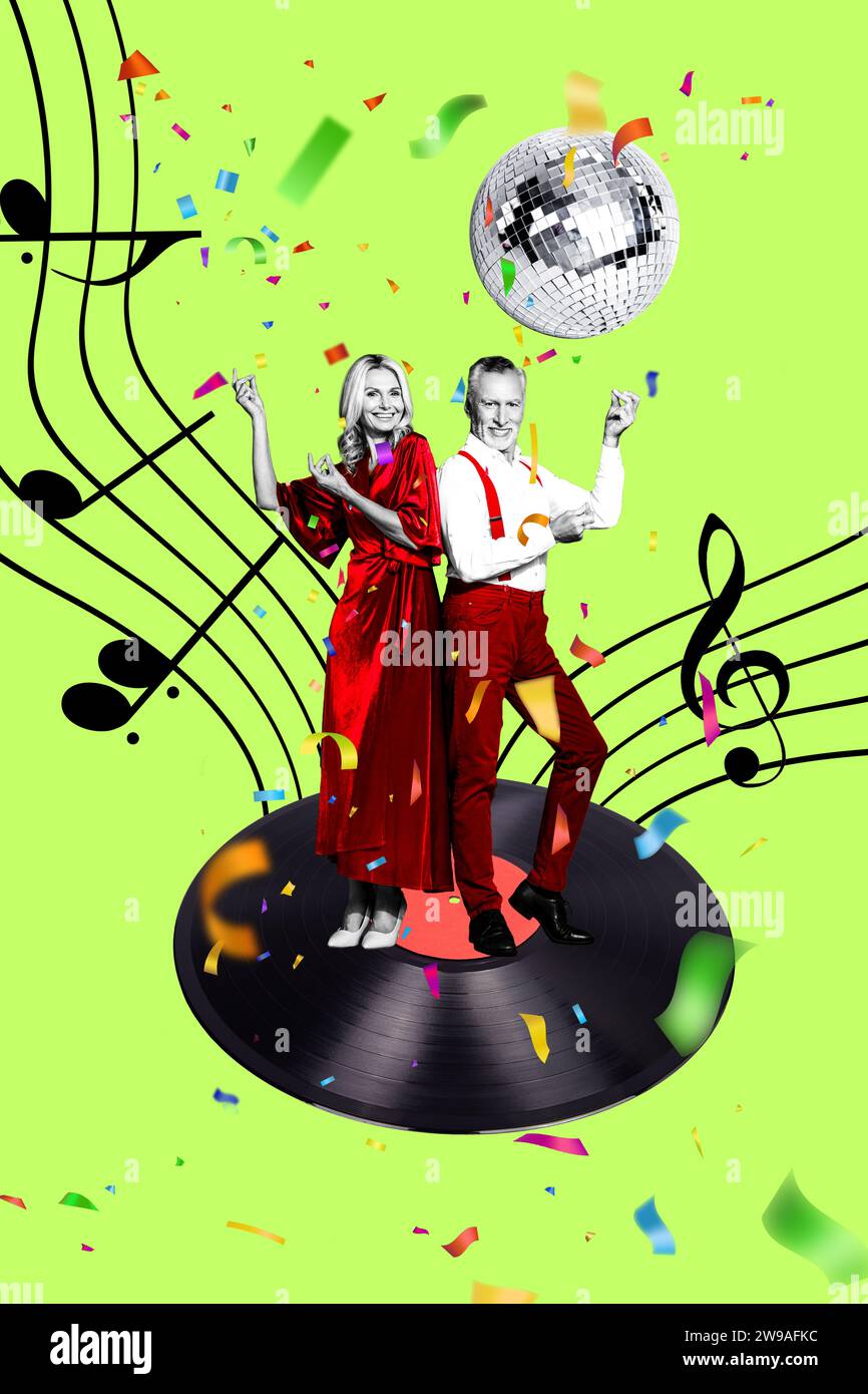 Vertical creative collage poster happy couple dancing party event celebration guhe record plate discoball motion good mood Stock Photo