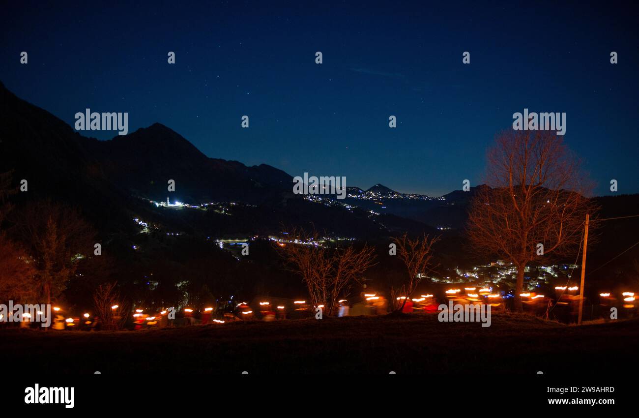 Serina Italy December 24 2024 Torchlight procession awaiting Christmas
