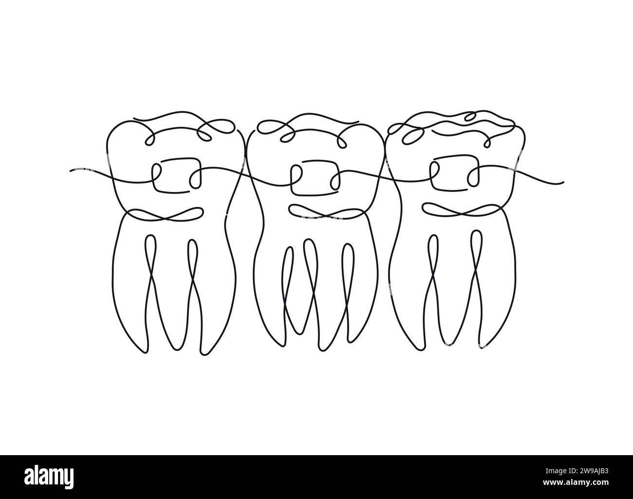 Teeth with braces illustration drawing in flat line style on white