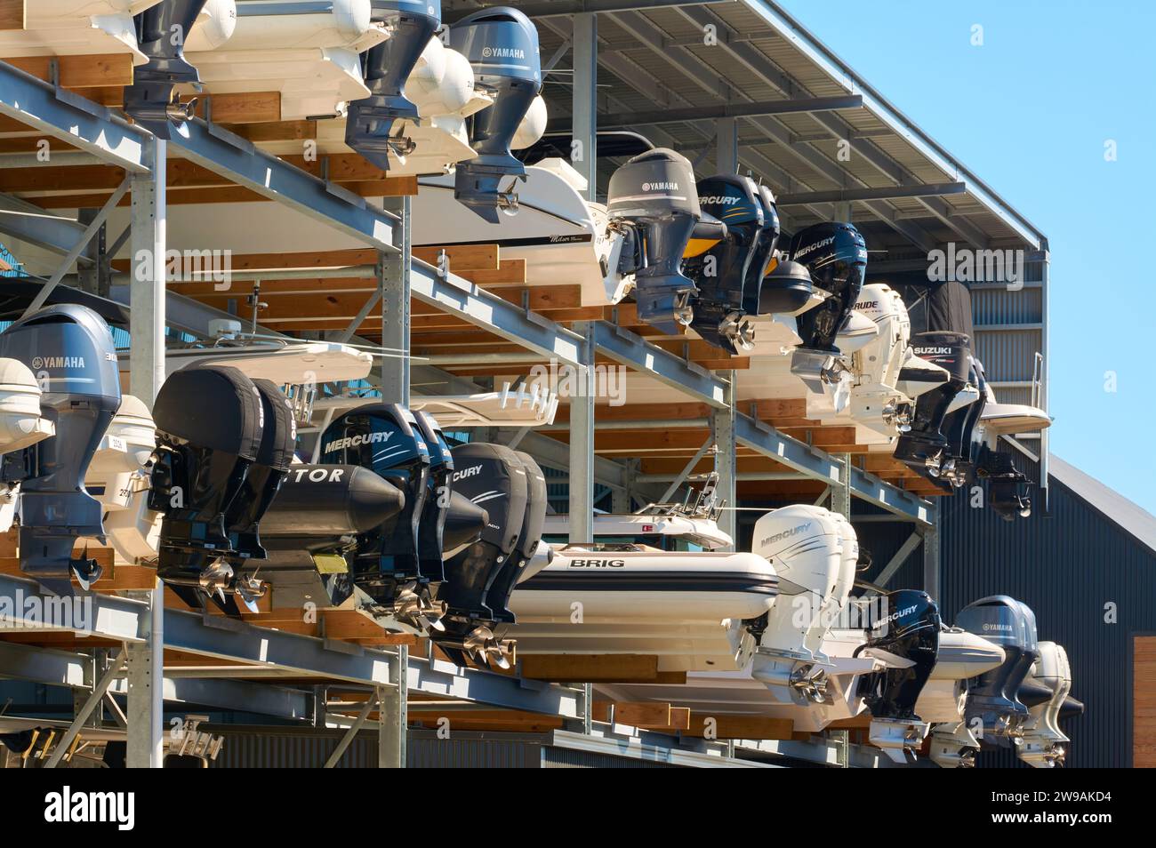 A dry stack boat storage facility filled with boats showing the