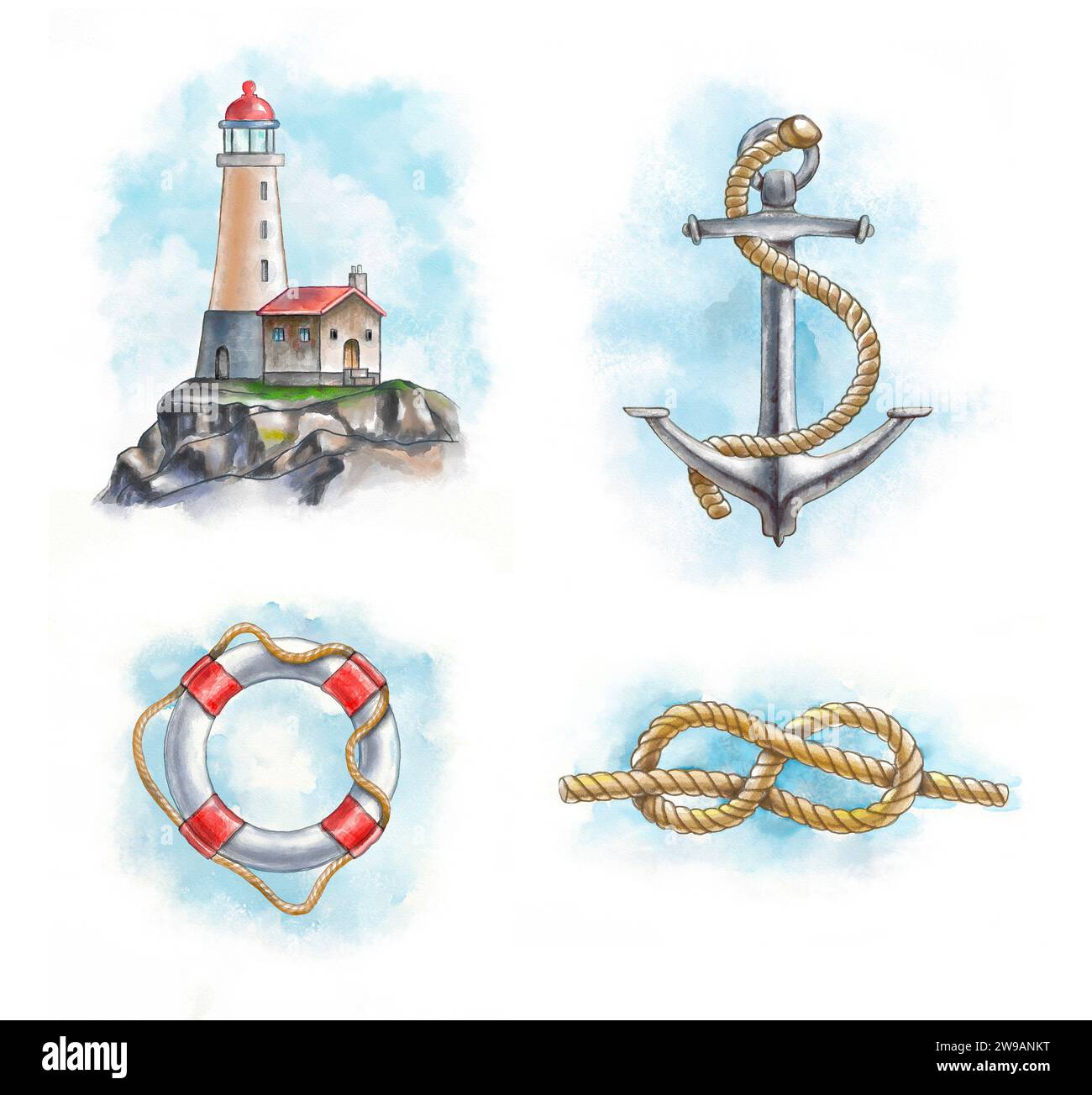 Lighthouse, anchor, lifesaver and knot. Hand-painted digital illustration. Included clipping path allows to separate objects from background. Stock Photo