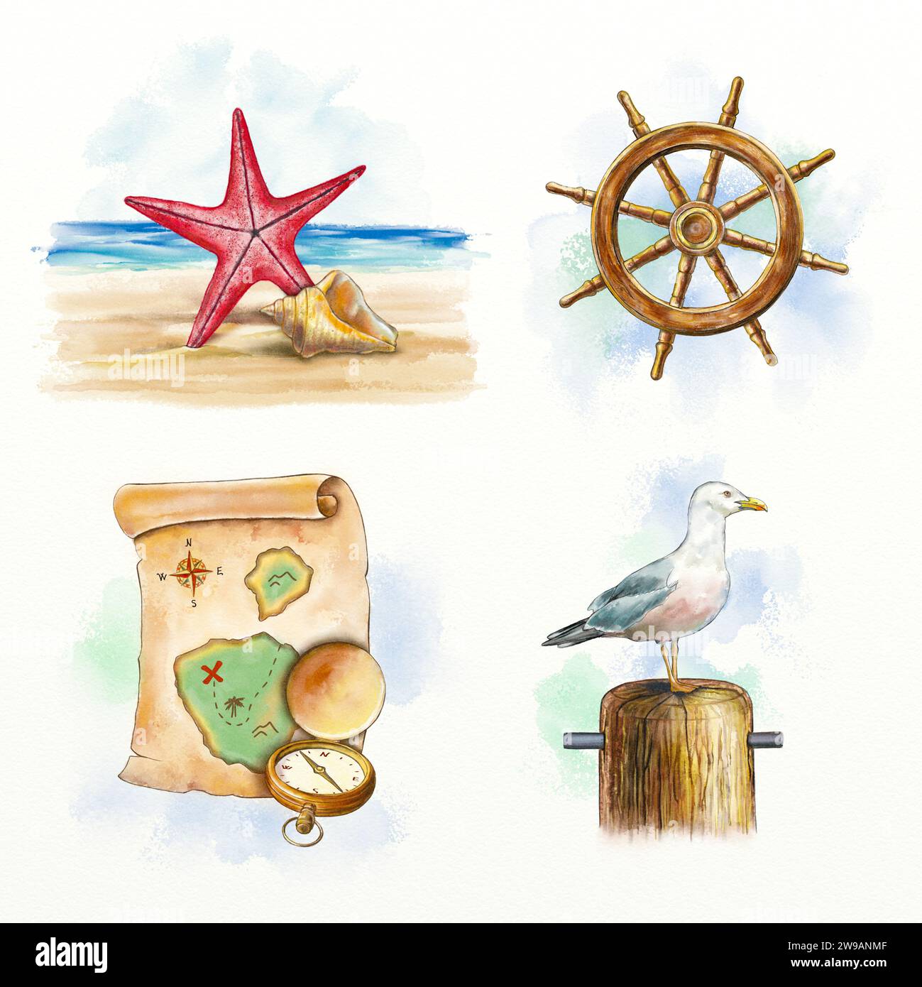 Nautical themed compositions including a starfish, seashell, ship wheel, old map, compass and seagull. Digital watercolor. Stock Photo