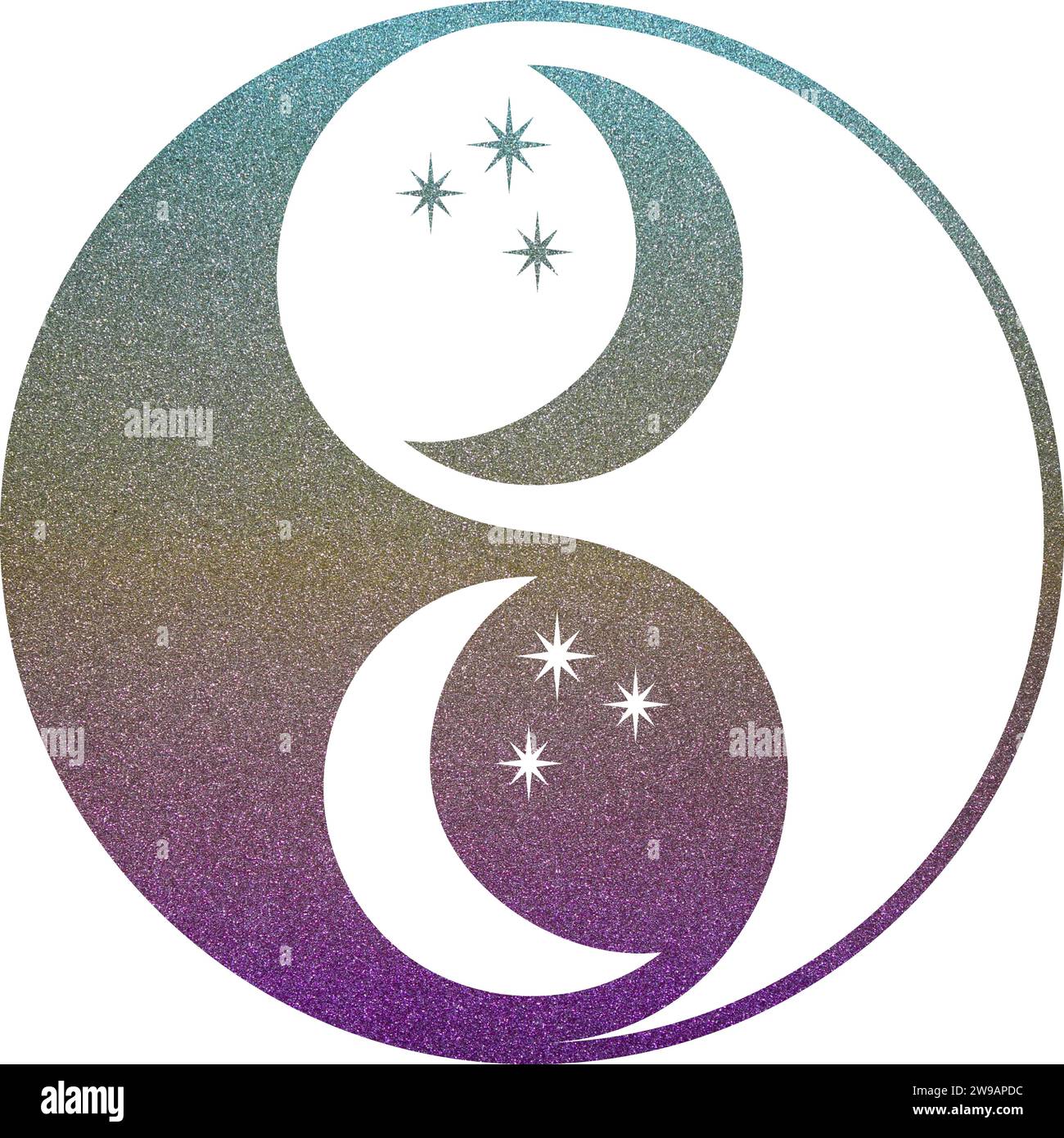 yin yang with moon and stars in glittering gradient with transparent