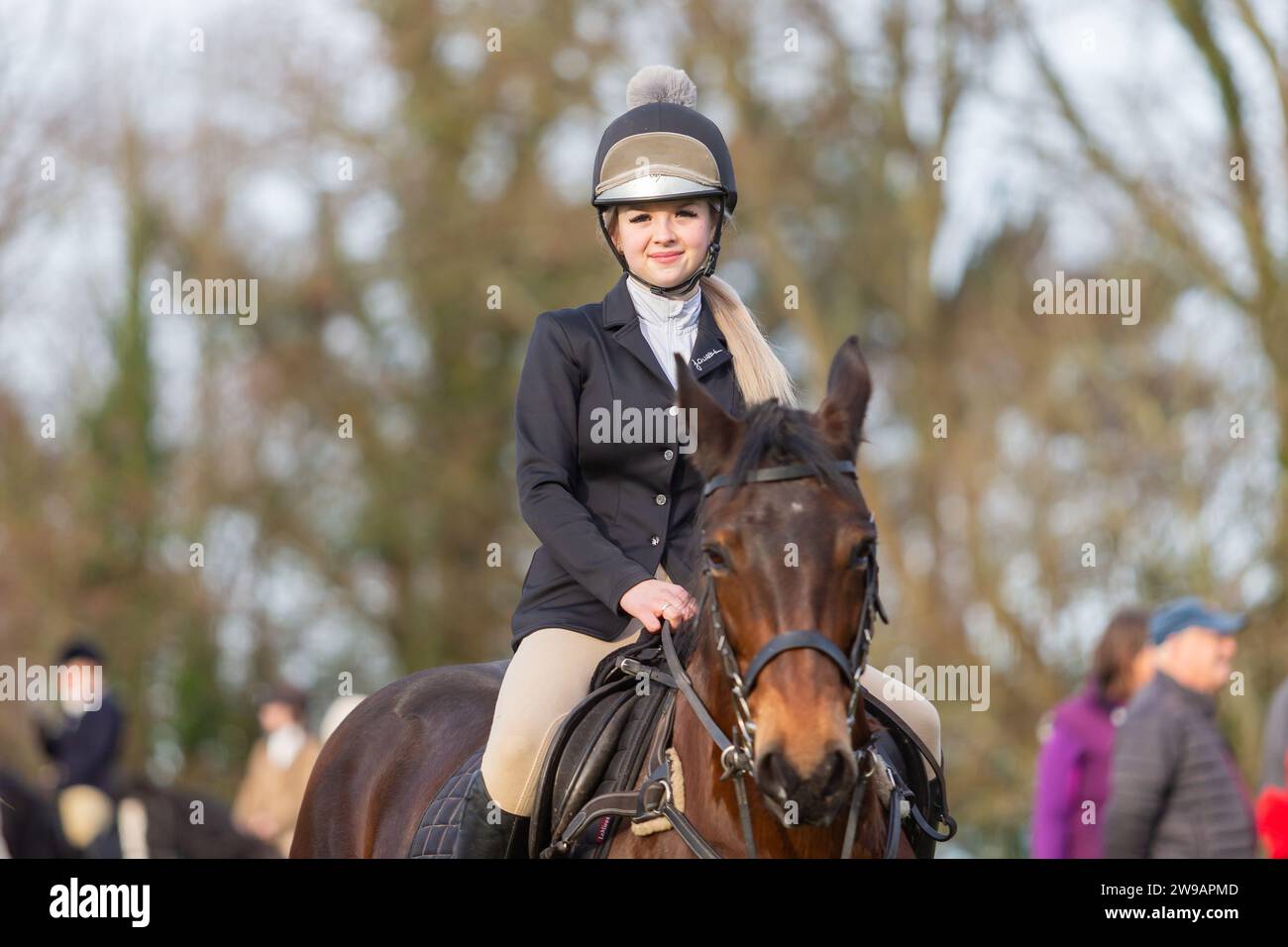 Hagley, Worcestershire, UK. 26th Dec, 2023. A young rider waits for the off at the Albrighton and Woodland Hunt's Boxing Day meet at Hagley Hall, Worcestershire. Credit: Peter Lopeman/Alamy Live News Stock Photo