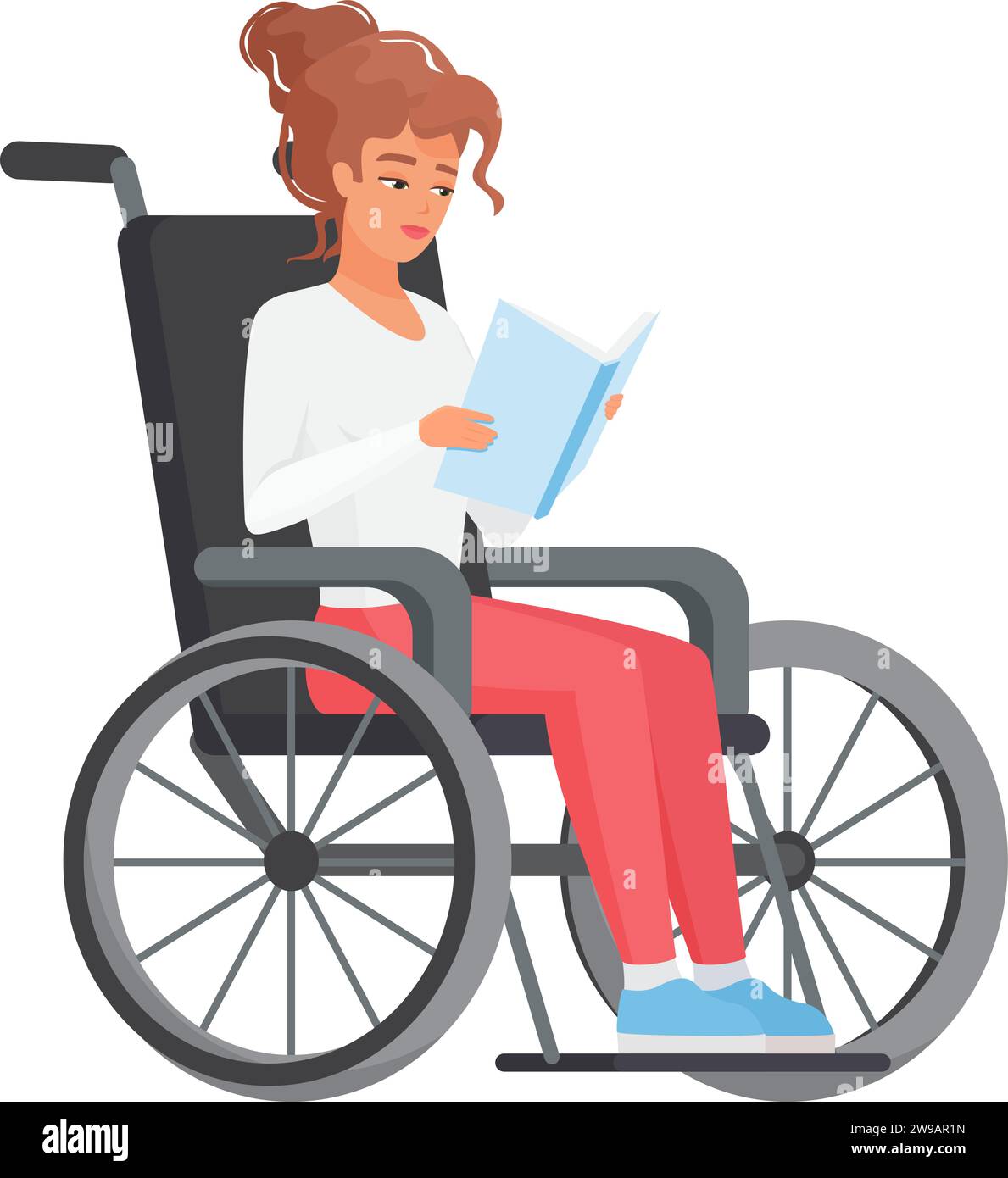Woman in wheelchair reading a book. Young lady with limited mobility ...