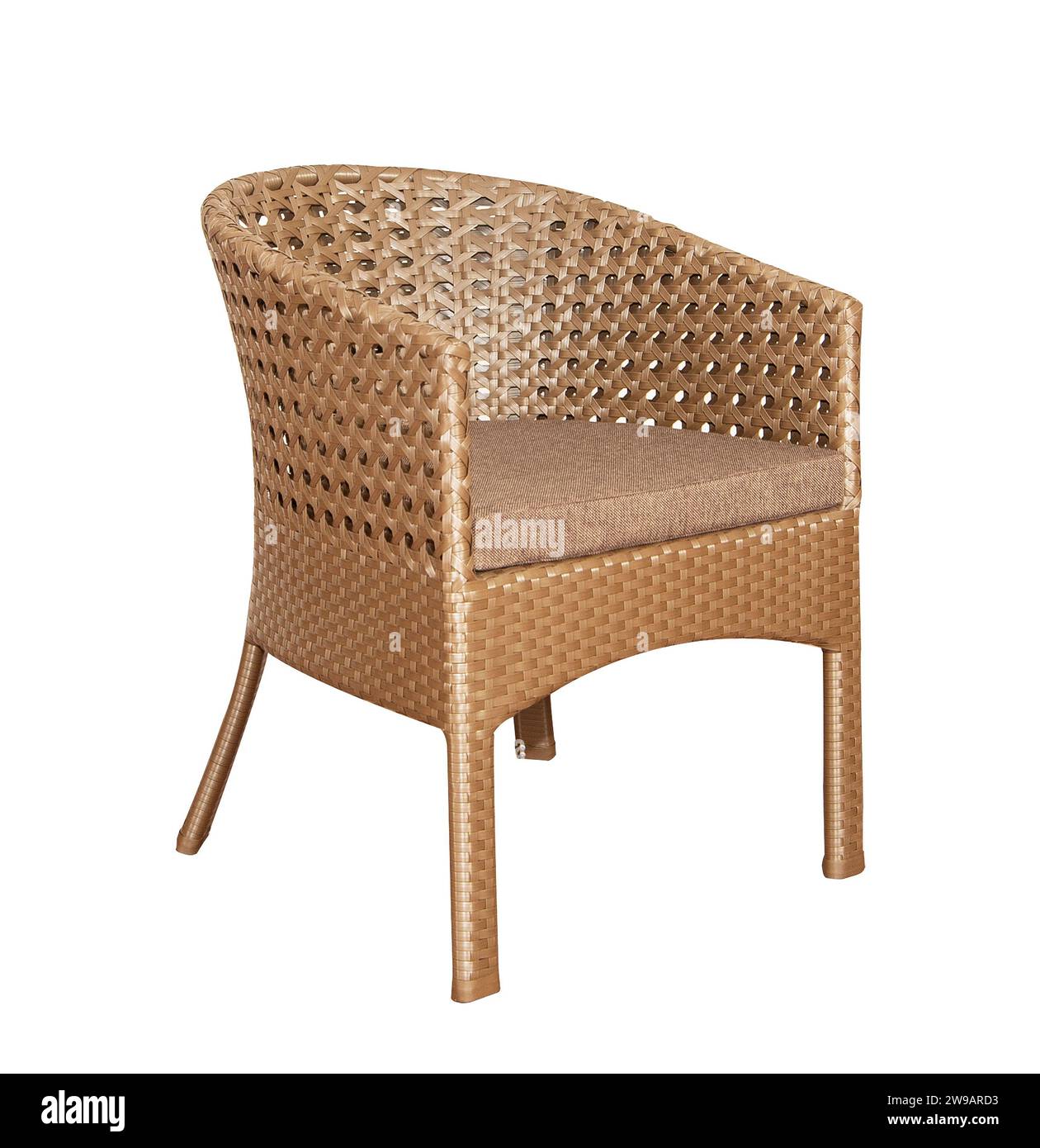 Armchair with soft pillows isolated on white. Wicker rattan furniture