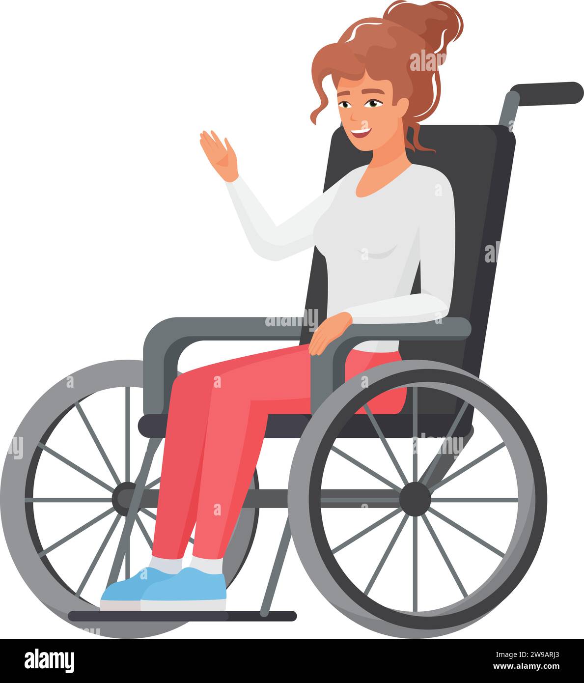 Woman in a wheelchair waving hand. Smiling woman with disability hello
