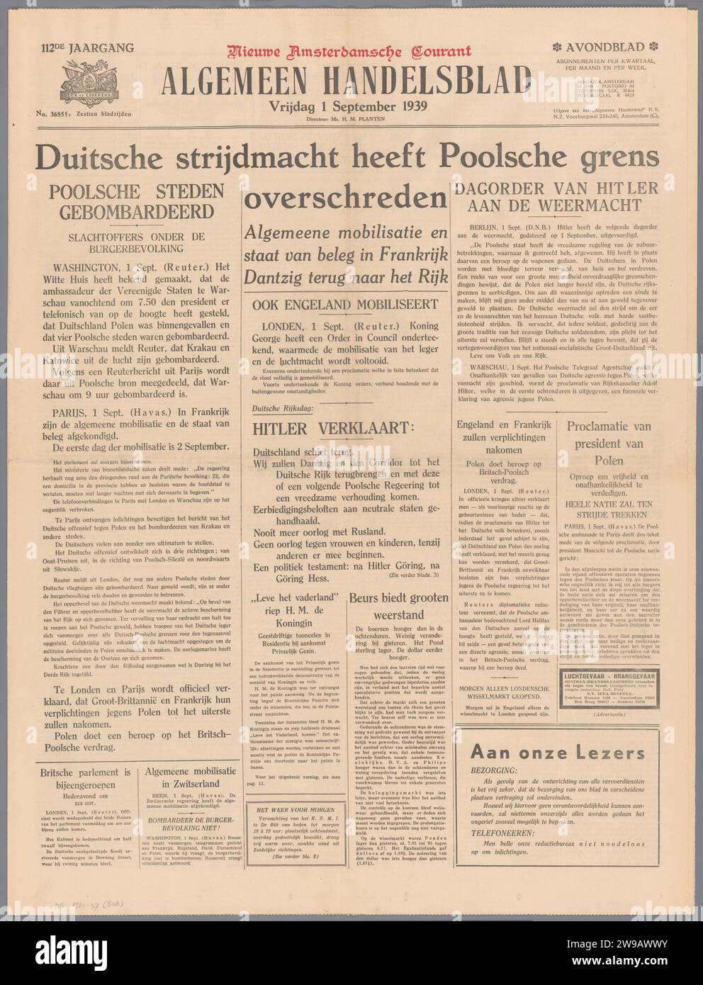Algemeen Handelsblad, Algemeen Handelsblad, 1939  Newspaper on the German invasion in Poland, 8 pp (of 16) no. 36855 of the 112nd volume of the Algemeen Handelsblad. Amsterdam paper printing  Poland Stock Photo