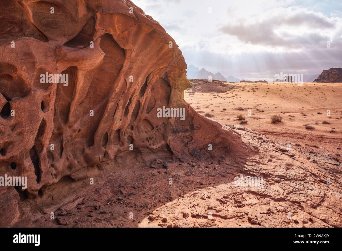 Red orange sandstone rocks formations with small shrubs growing near in ...