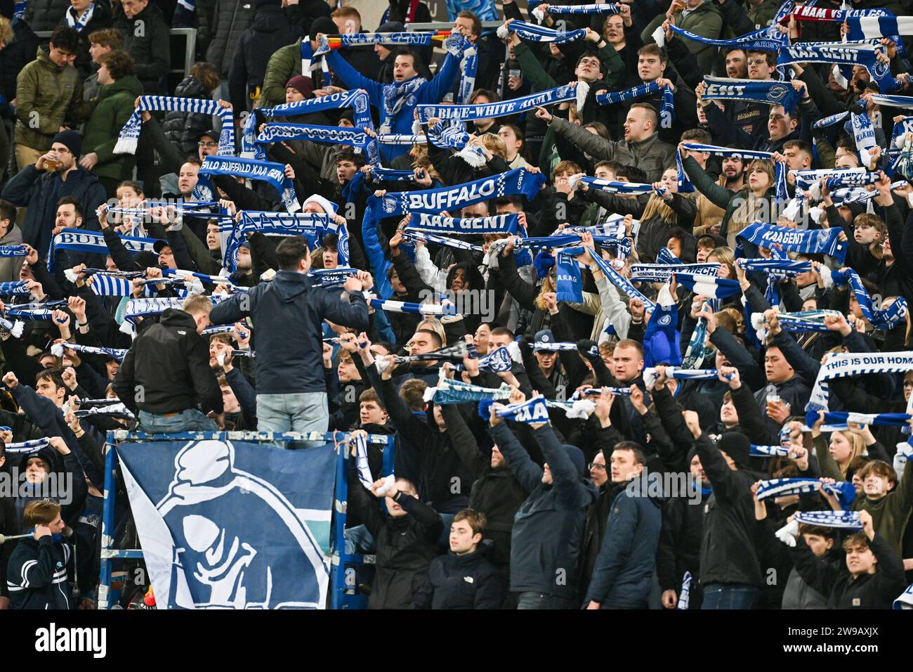fans and supporters of Gent with their scarfs pictured during the