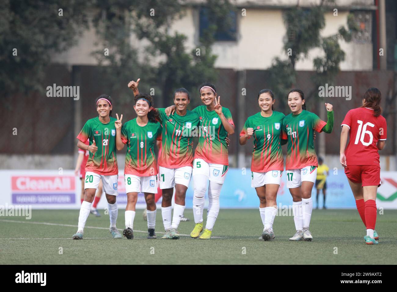 Bangladeshi footballers celebrate one of eight goals against Singapore in their FIFA friendly window with a thumping 8-0 win at the Birshreshtha Shahe Stock Photo