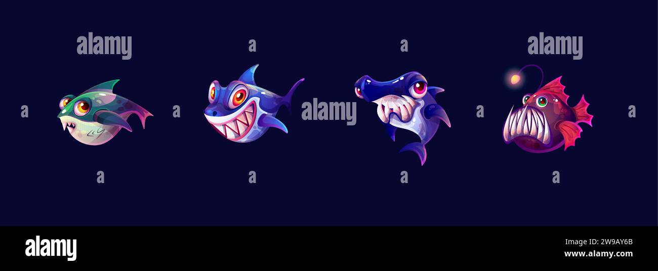 Funny fishes predators with sharp teeth color vector icon big set ...