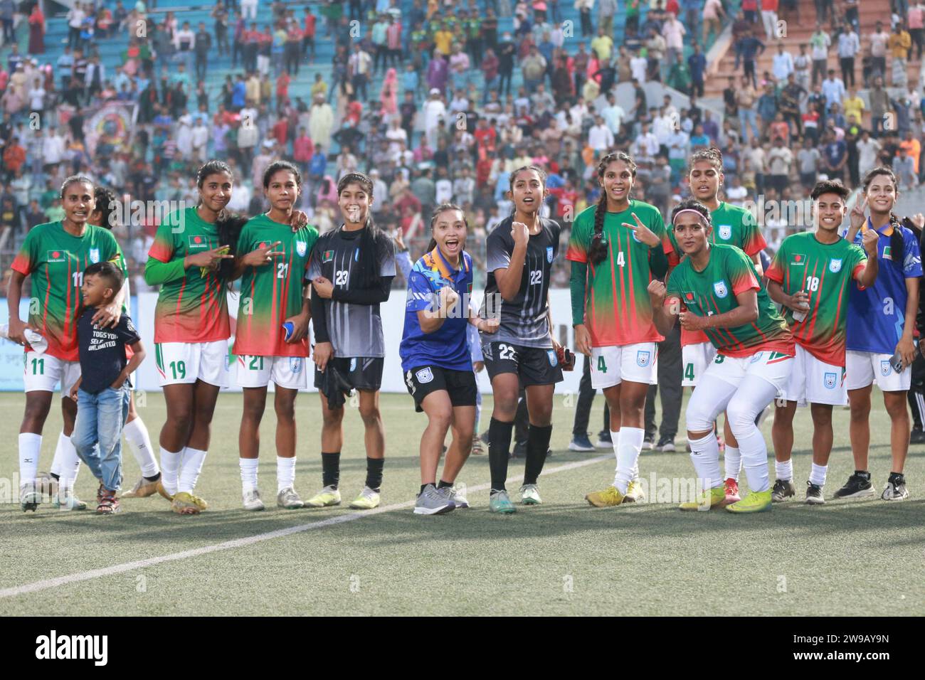 Bangladeshi footballers celebrate after win against Singapore in their FIFA friendly window with a thumping 8-0 win at the Birshreshtha Shaheed Mostaf Stock Photo