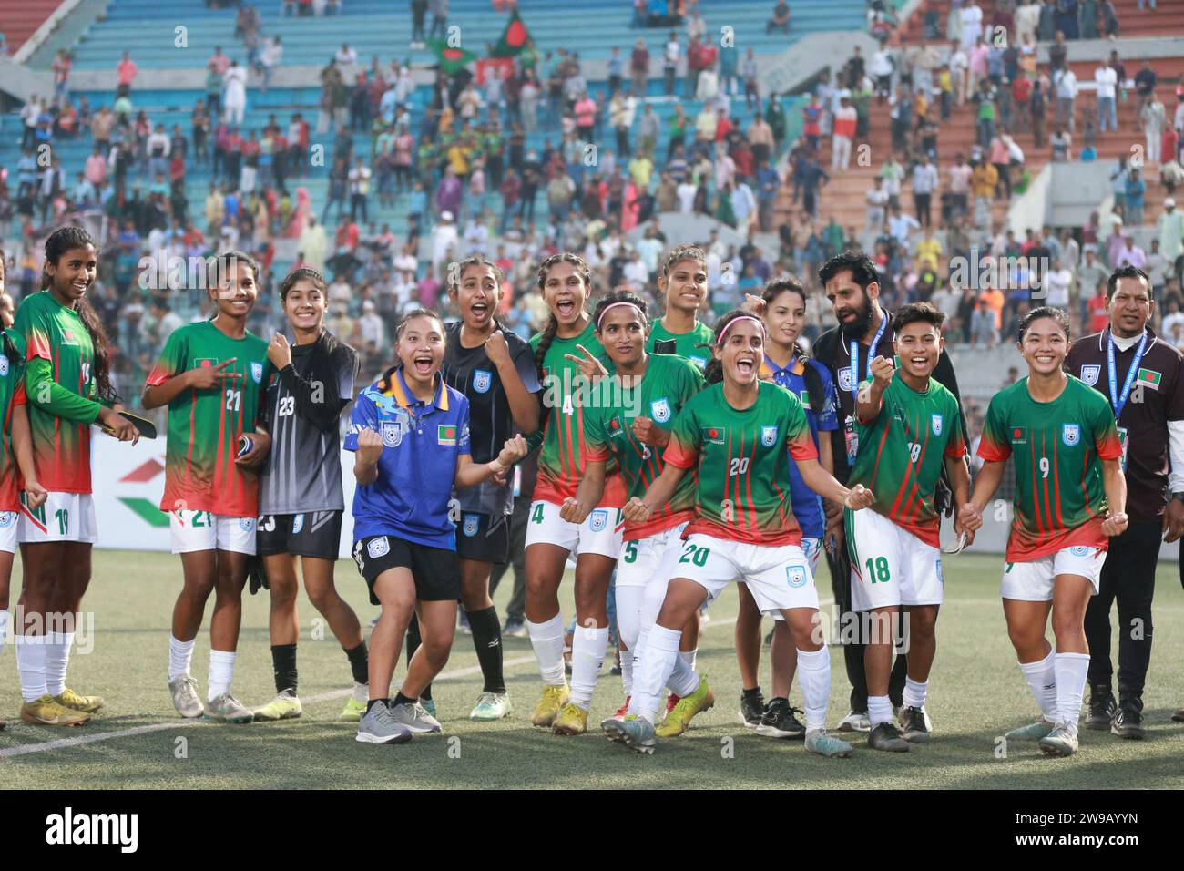 Bangladeshi footballers celebrate after win against Singapore in their FIFA friendly window with a thumping 8-0 win at the Birshreshtha Shaheed Mostaf Stock Photo