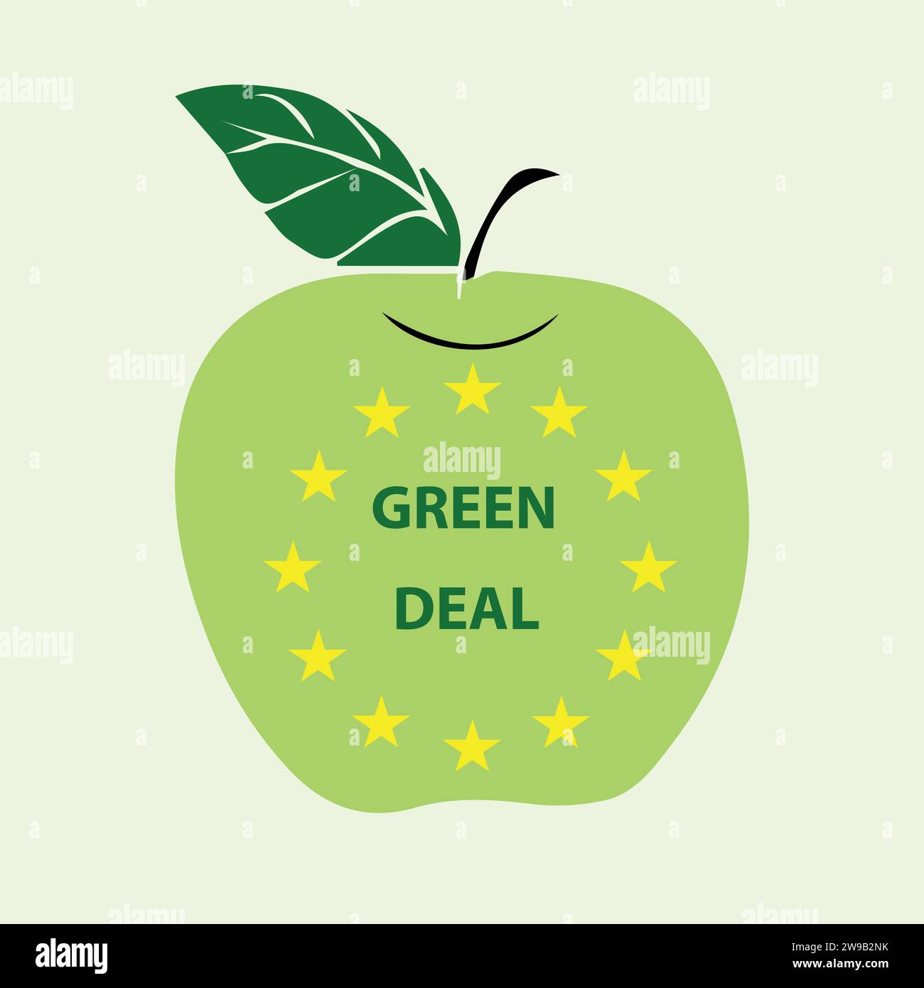 Apple with the text Green Deal on it and the European Union gold stars Stock Vector
