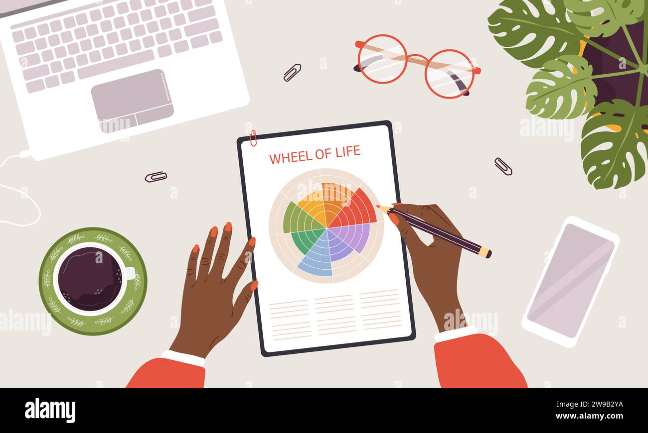 The Wheel of life. Woman analysis her needs. African female hand ...