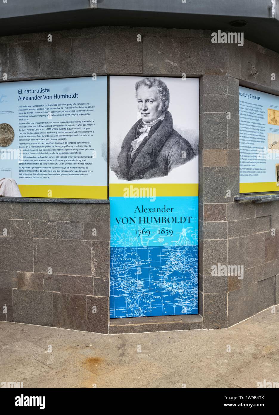 Information sign on Alexander Von Humboldt at the Viewpoint at La Orotava, Canary Islands, Spain Stock Photo