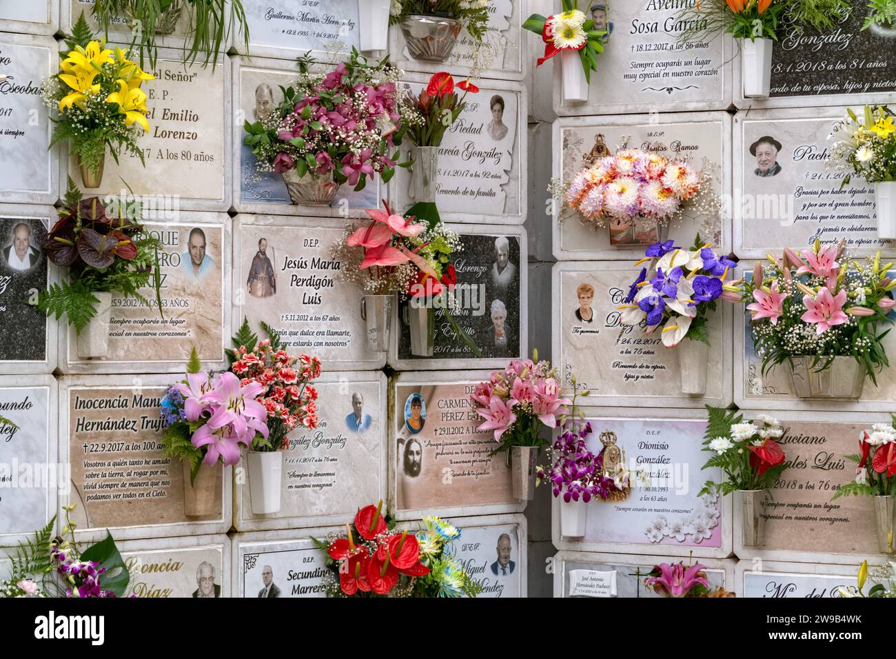 Municpal Cemetery, La Orotava, Tenerife showing close up of marble gravestones/memorials to the deceased adorned with fresh flowers. Stock Photo
