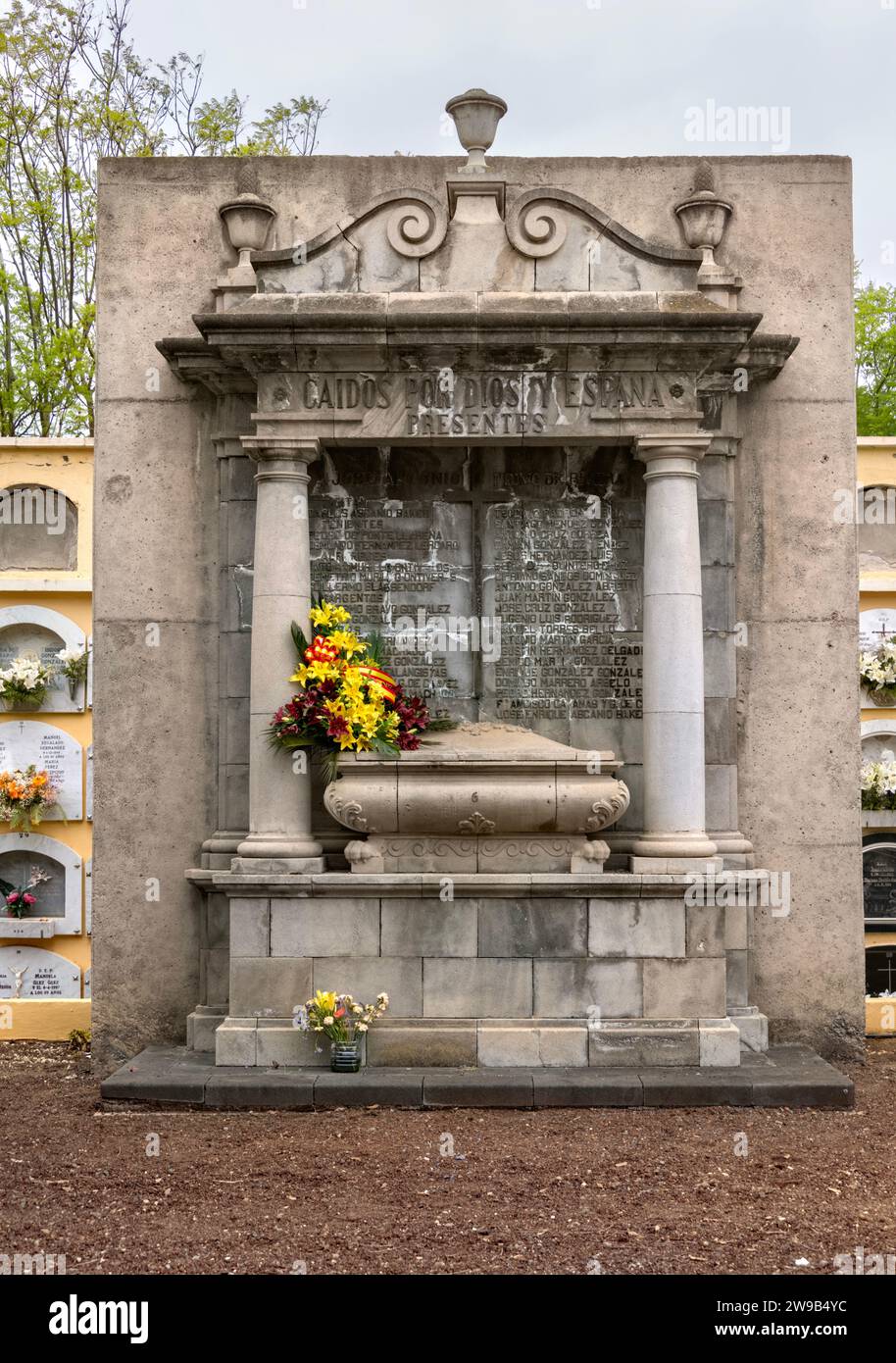 Municpal Cemetery, La Orotava, Tenerife showing close up of a Tomb with  fresh flowers. Stock Photo