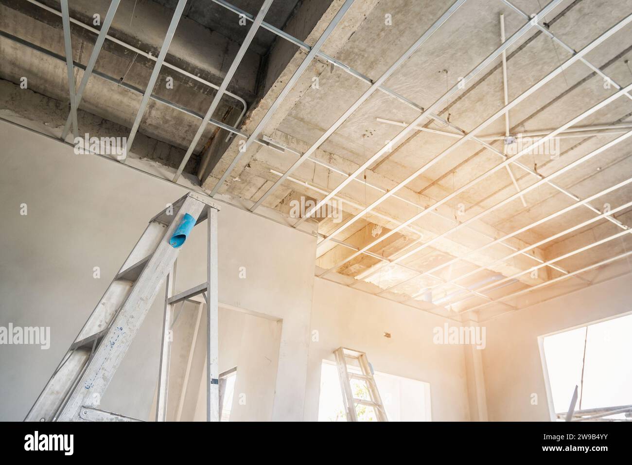 Plaster Frame Installation Install metal frame for plaster board ceiling at house under ...