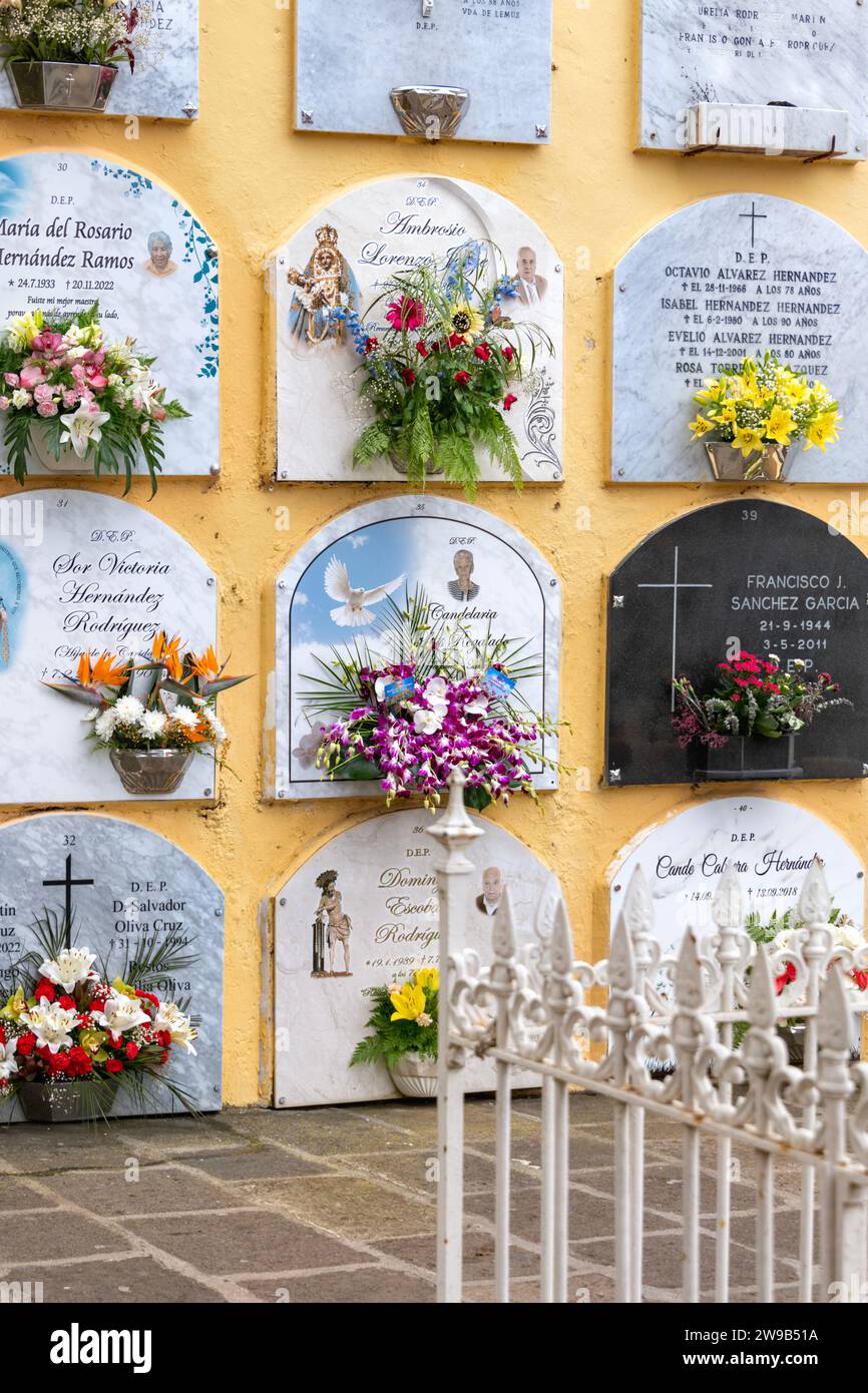 Municpal Cemetery, La Orotava, Tenerife showing close up of marble gravestones/memorials to the deceased adorned with fresh flowers. Stock Photo