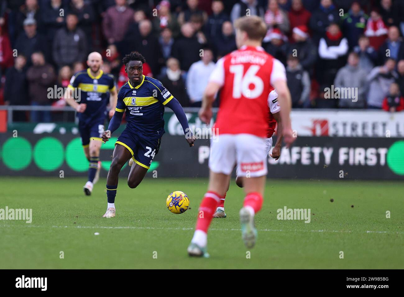 Alex Bangura #24 of Middlesbrough looks for options during the Sky Bet Championship match Rotherham United vs Middlesbrough at New York Stadium, Rotherham, United Kingdom, 26th December 2023  (Photo by Ryan Crockett/News Images) Stock Photo